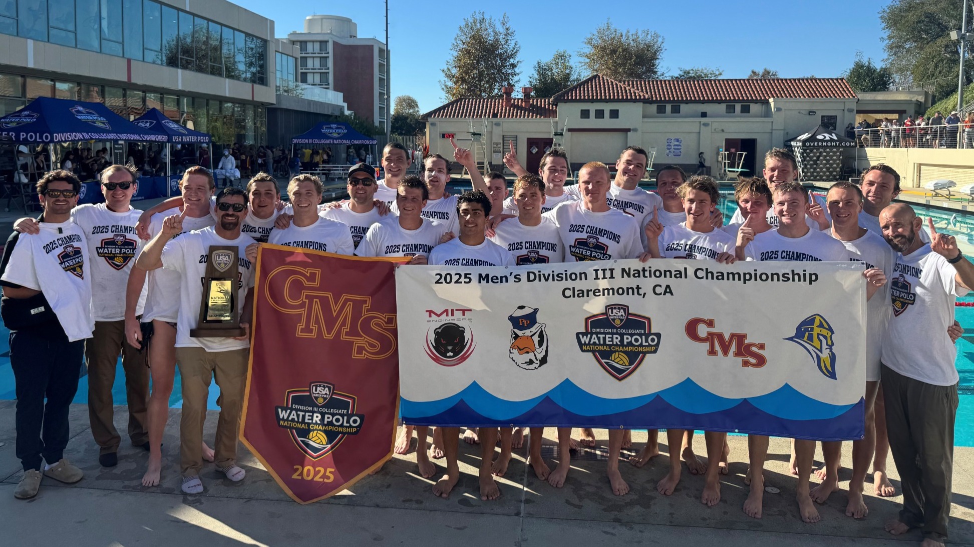 Men's Water Polo Team Shot with the National Championship banner