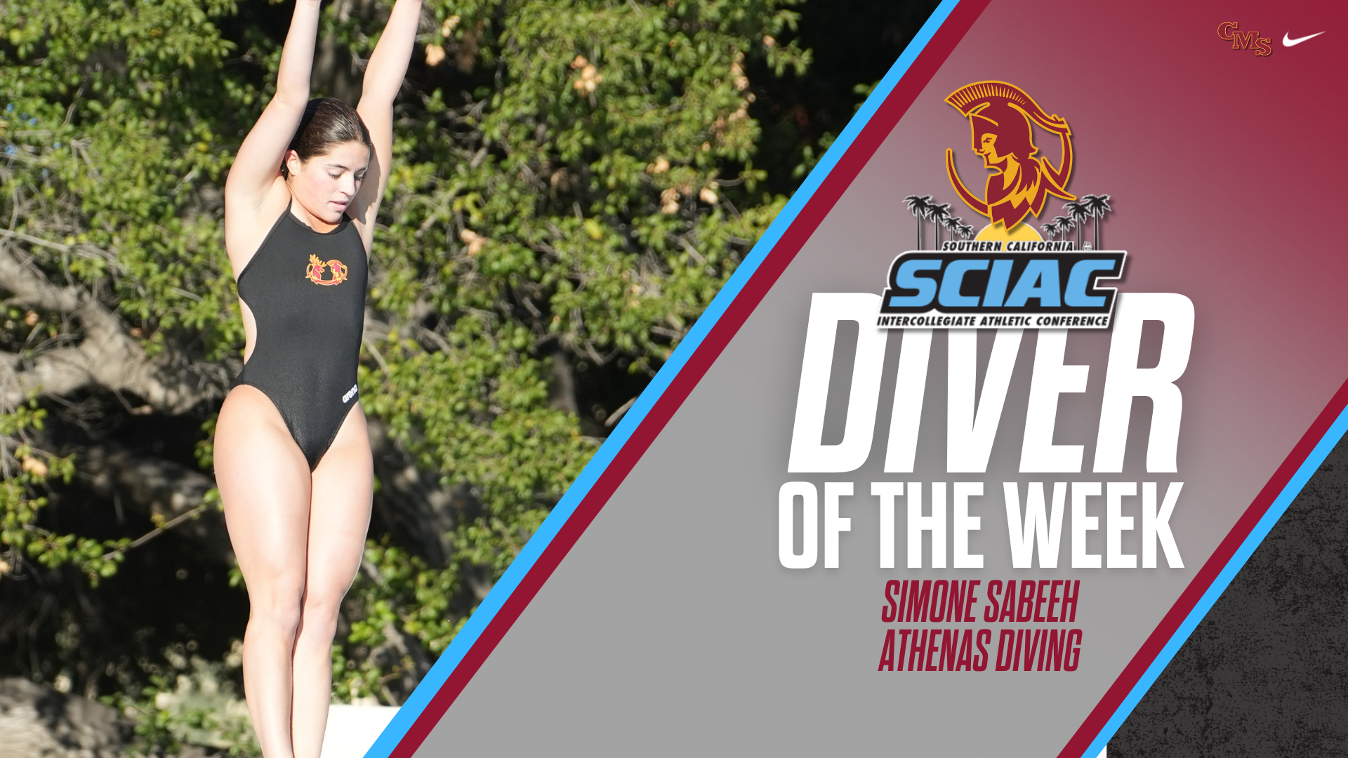Simone Sabeeh action shot with the SCIAC logo and the words “diver of the week”