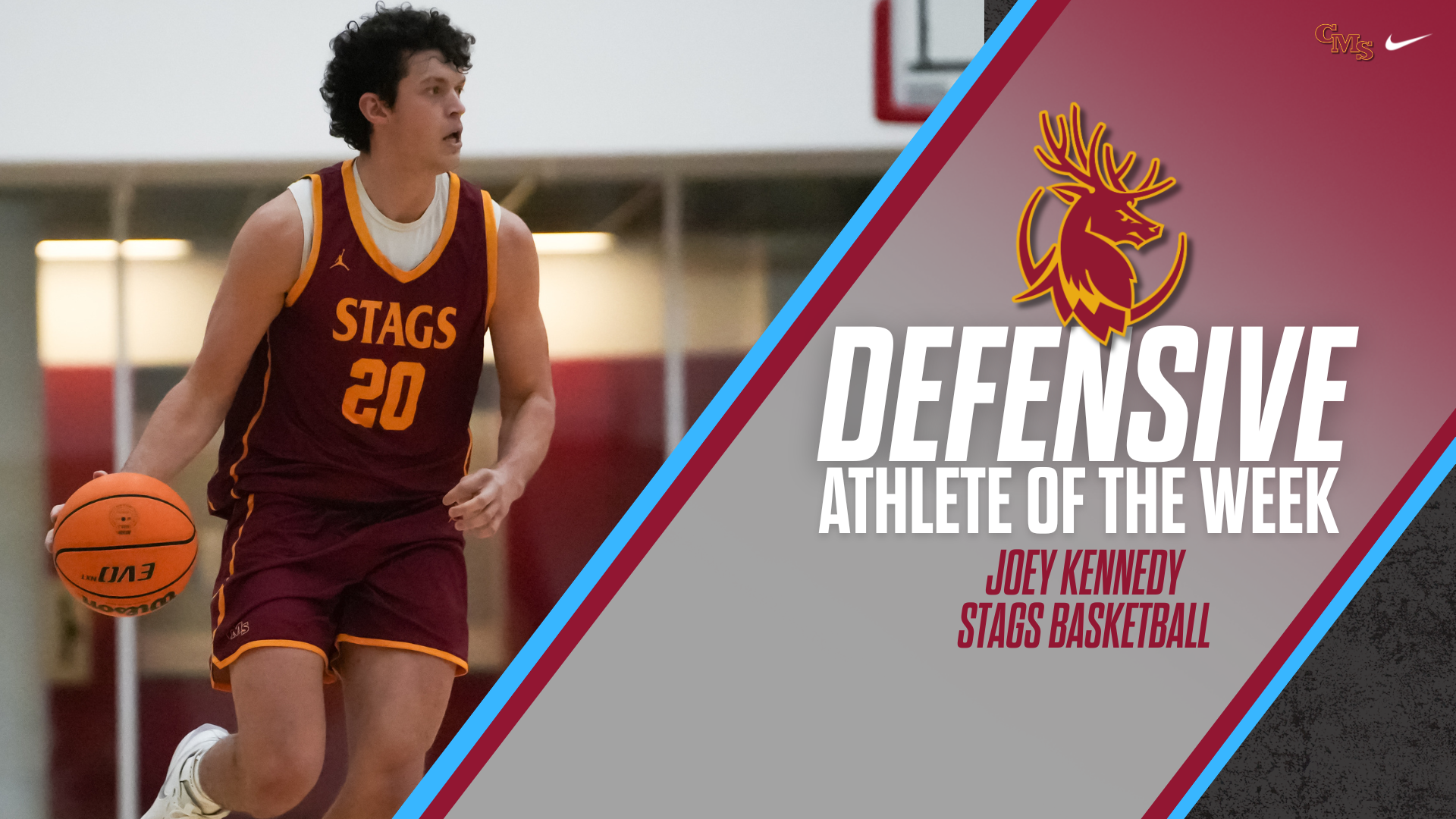 Joey Kennedy action shot with the SCIAC logo and the words “Defensive Athlete of the Week”