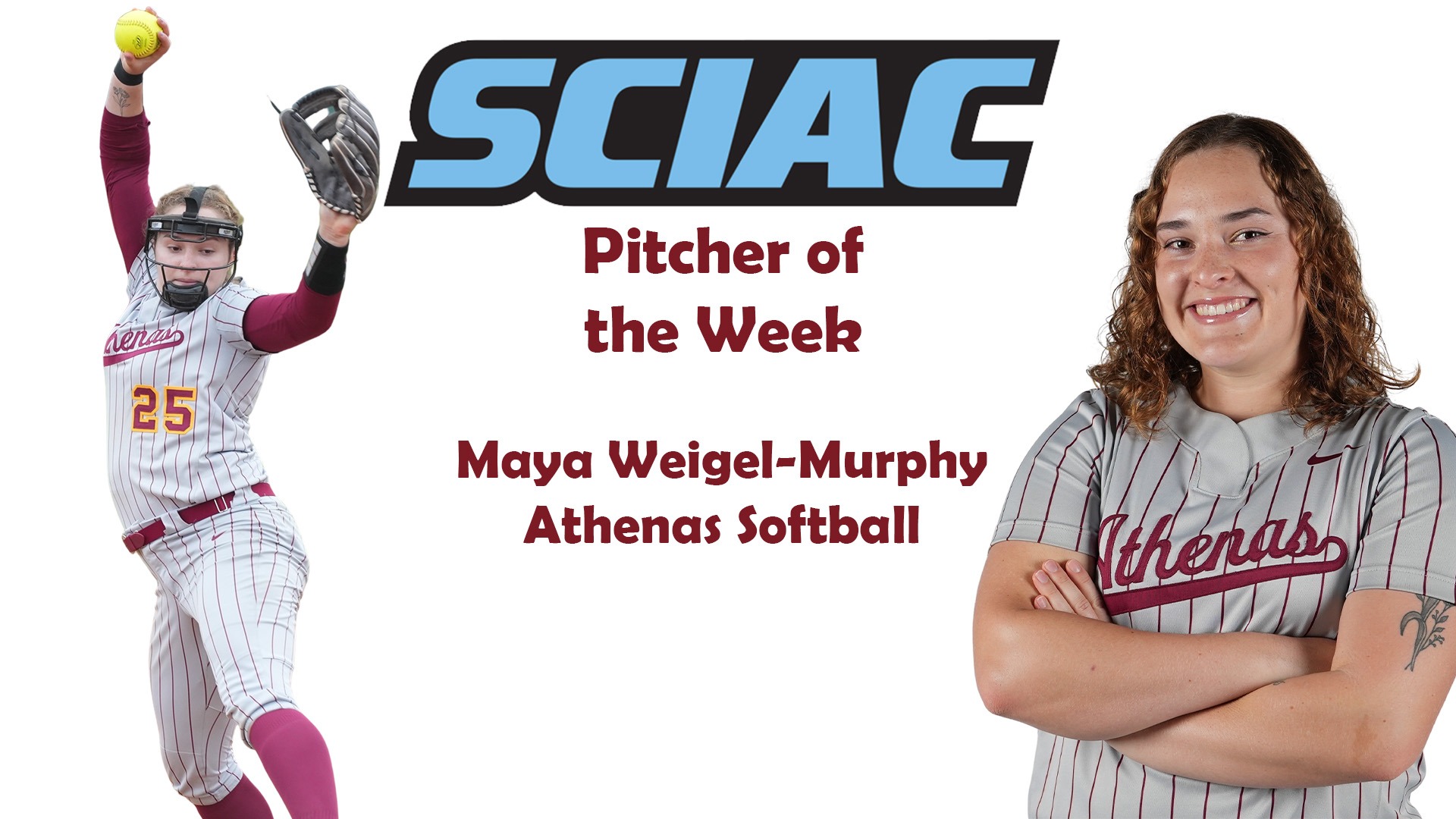 Maya Weigel-Murphy posed shot and action shot with the SCIAC logo