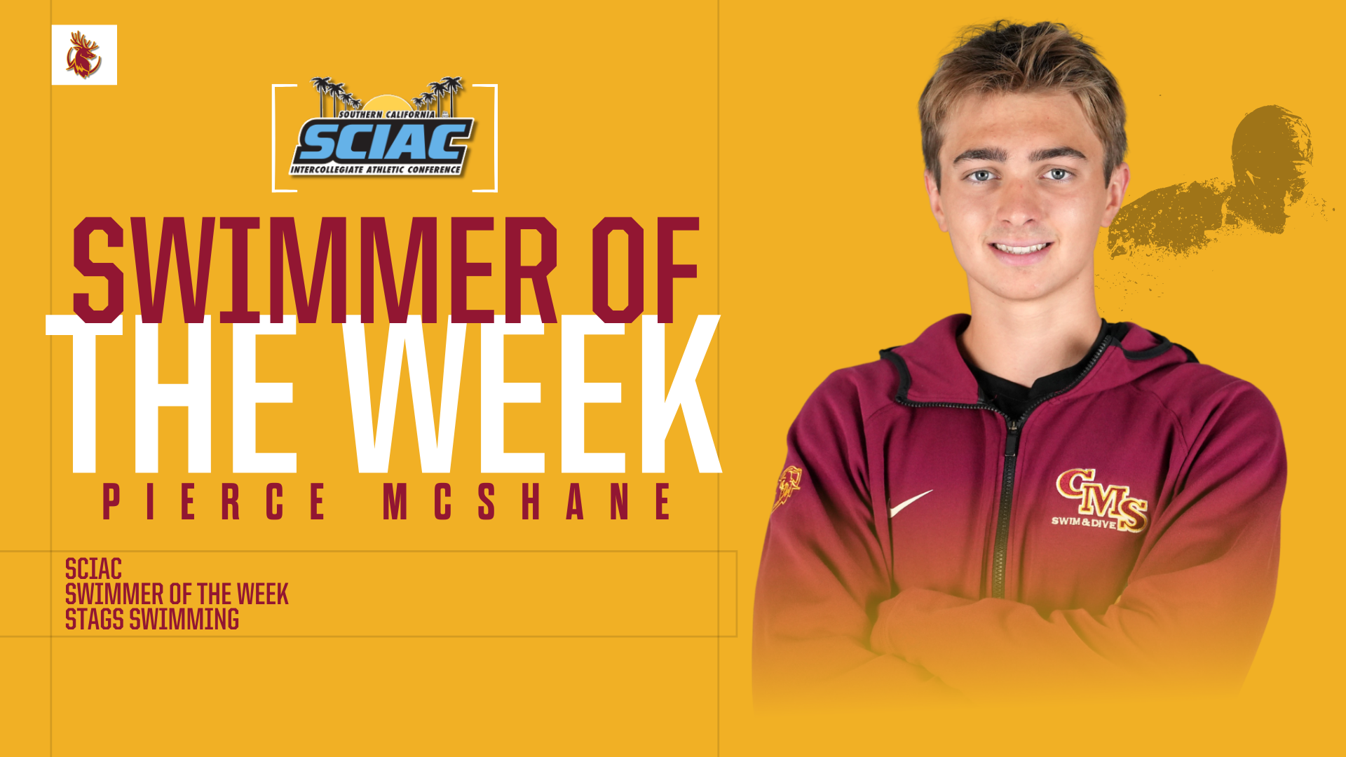 Pierce McShane posed shot and ghosted action shot with the words 