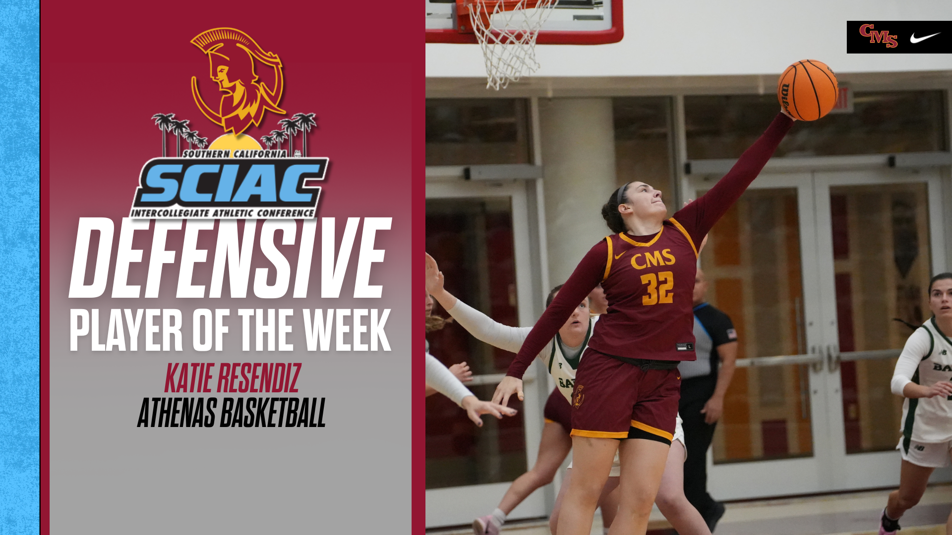 Katie Resendiz action shot with the SCIAC logo and the words 