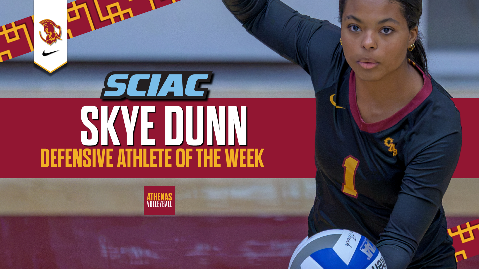 Skye Dunn action shot with the SCIAC logo and the words Defensive Player of the Week