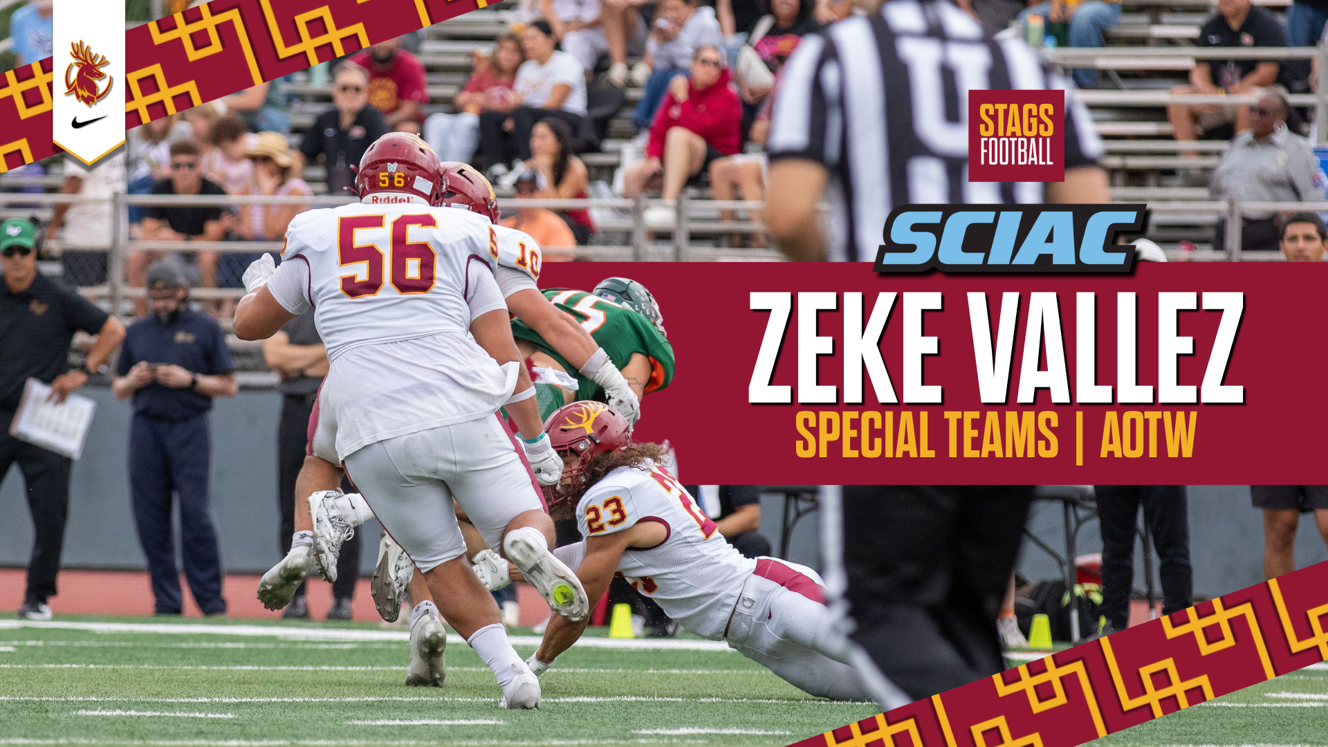 Zeke Vallez pursuing a tackle with the SCIAC logo and the words Special Teams AOW
