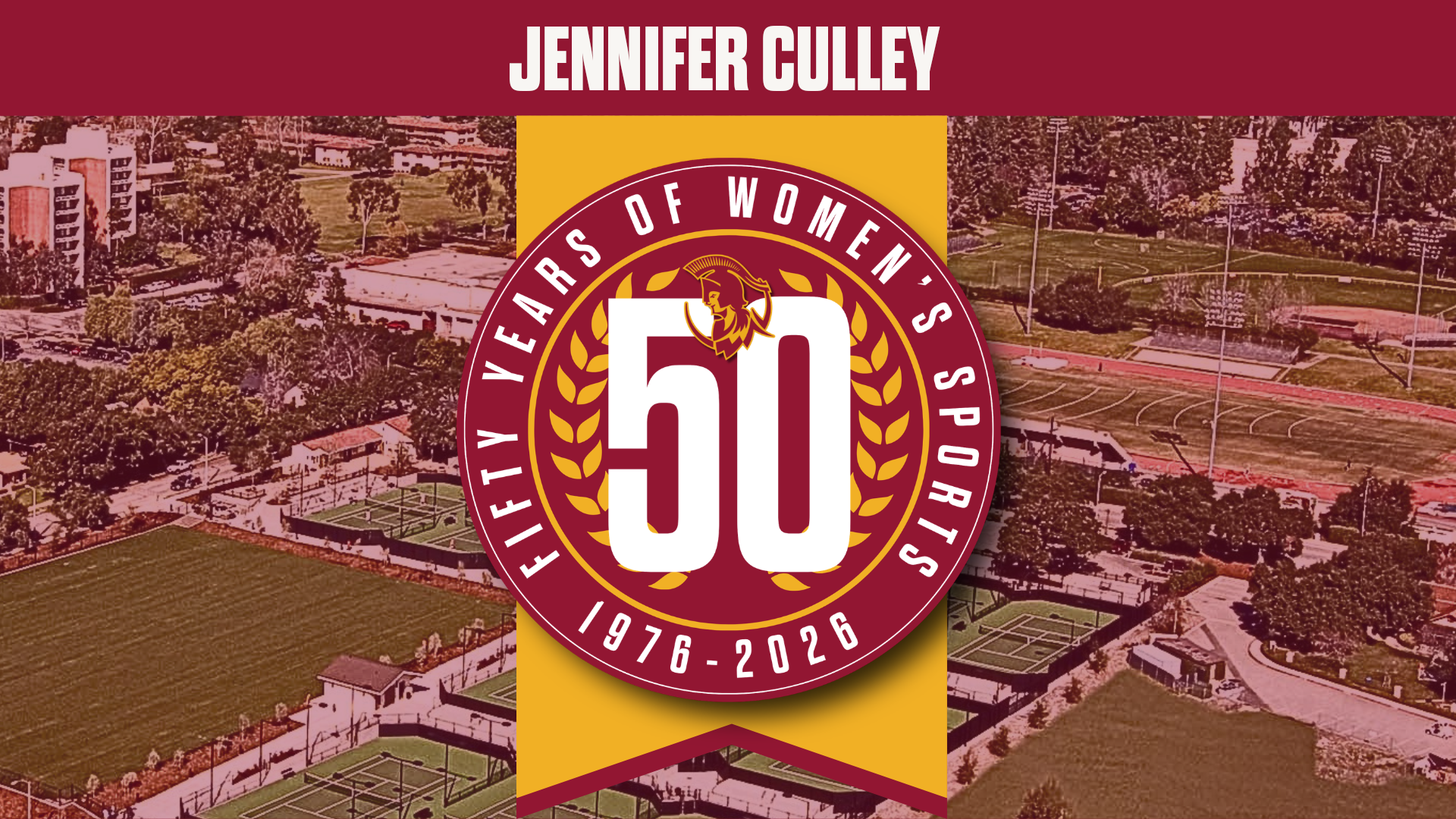 Jennifer Culley's name with the 50 Years of Athenas logo and an overhead shot of campus