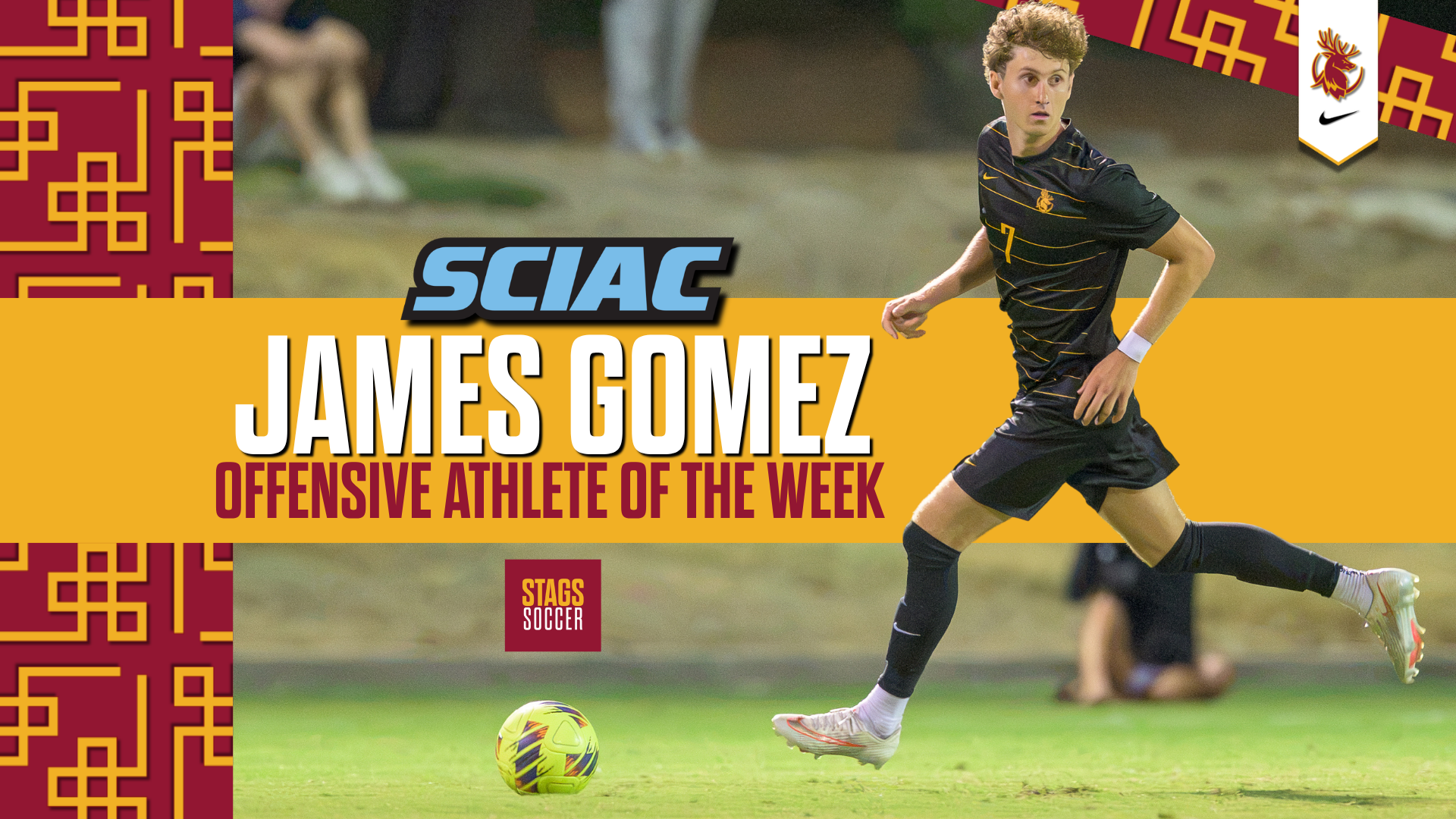 James Gomez Action shot with words SCIAC Offensive Player of the Week