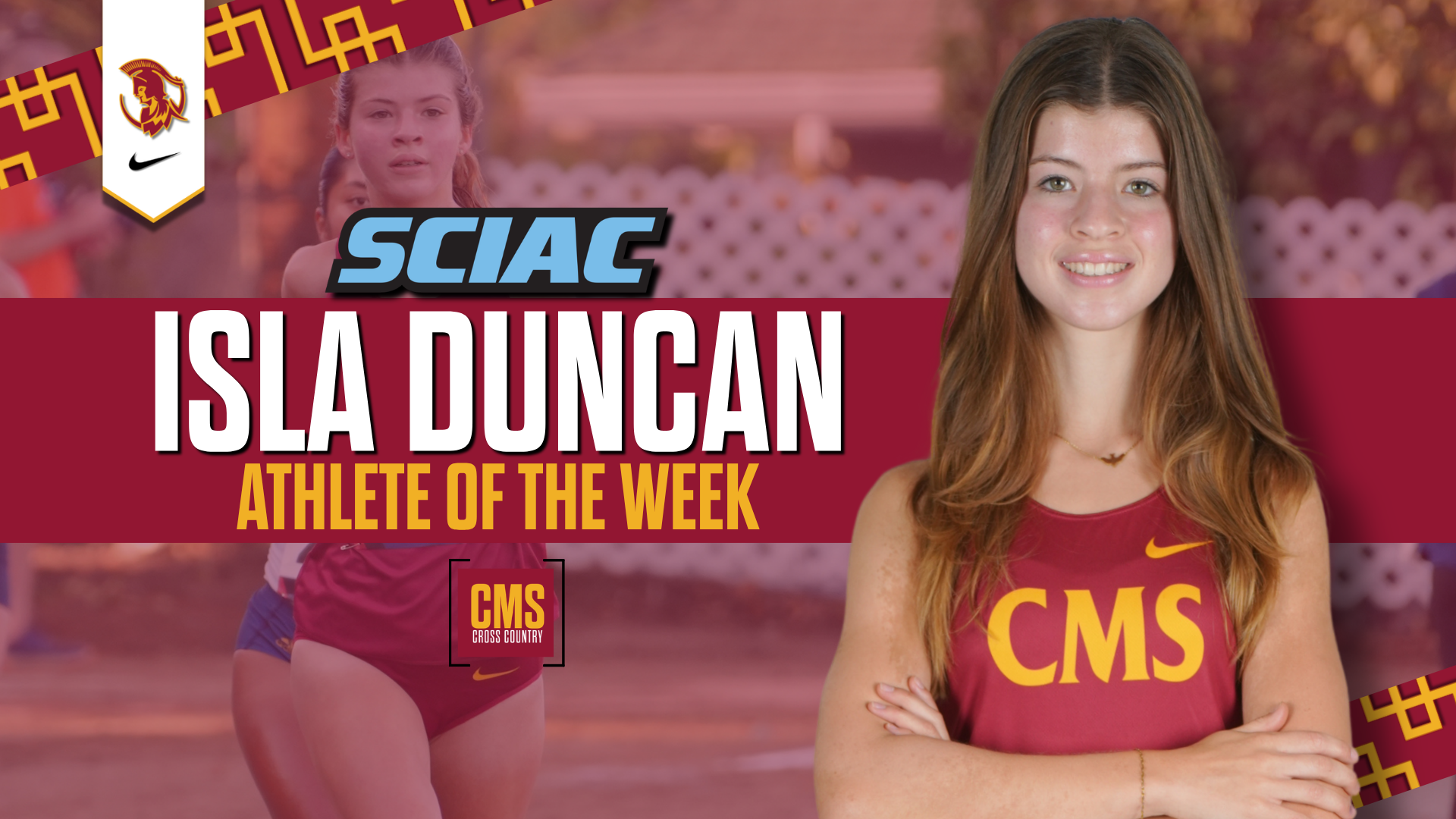 Isla Duncan posed shot with the SCIAC logo and the words Athlete of the Week