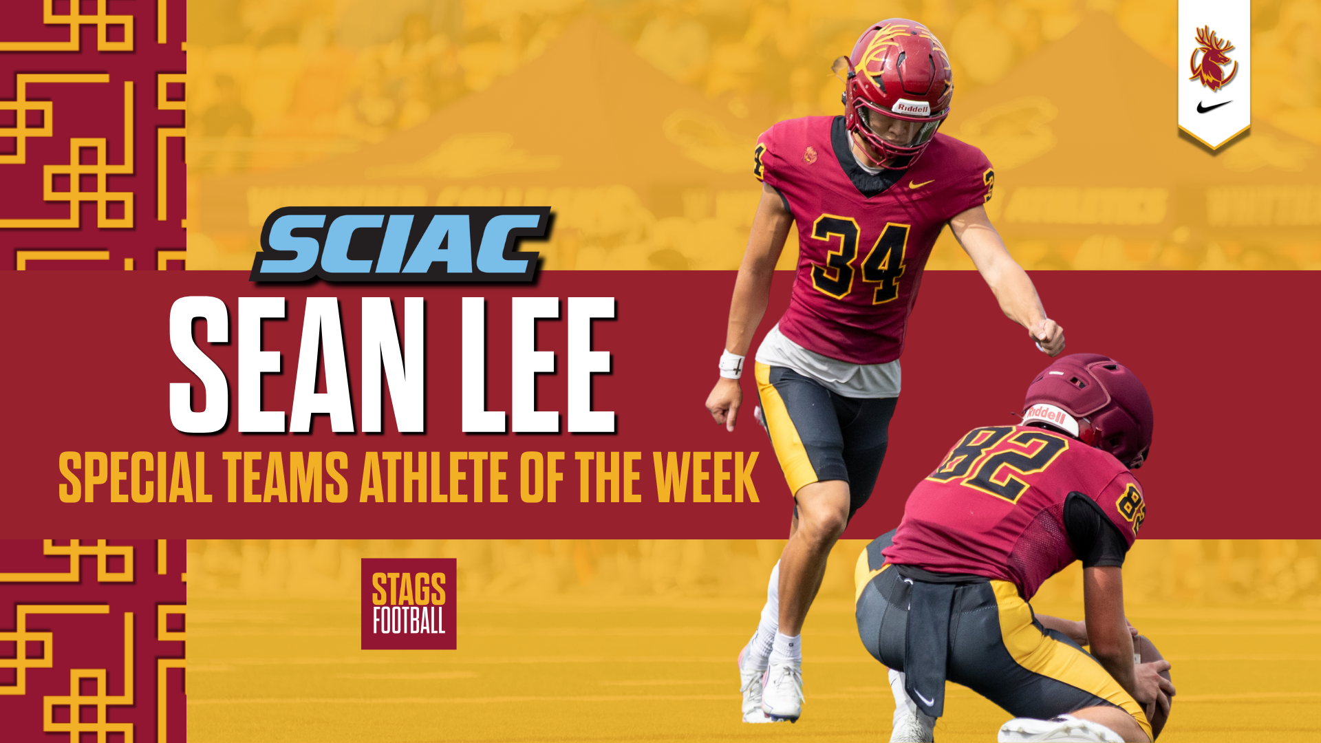 Sean Lee action shot with the words Special Teams Athlete of the Week and the SCIAC logo