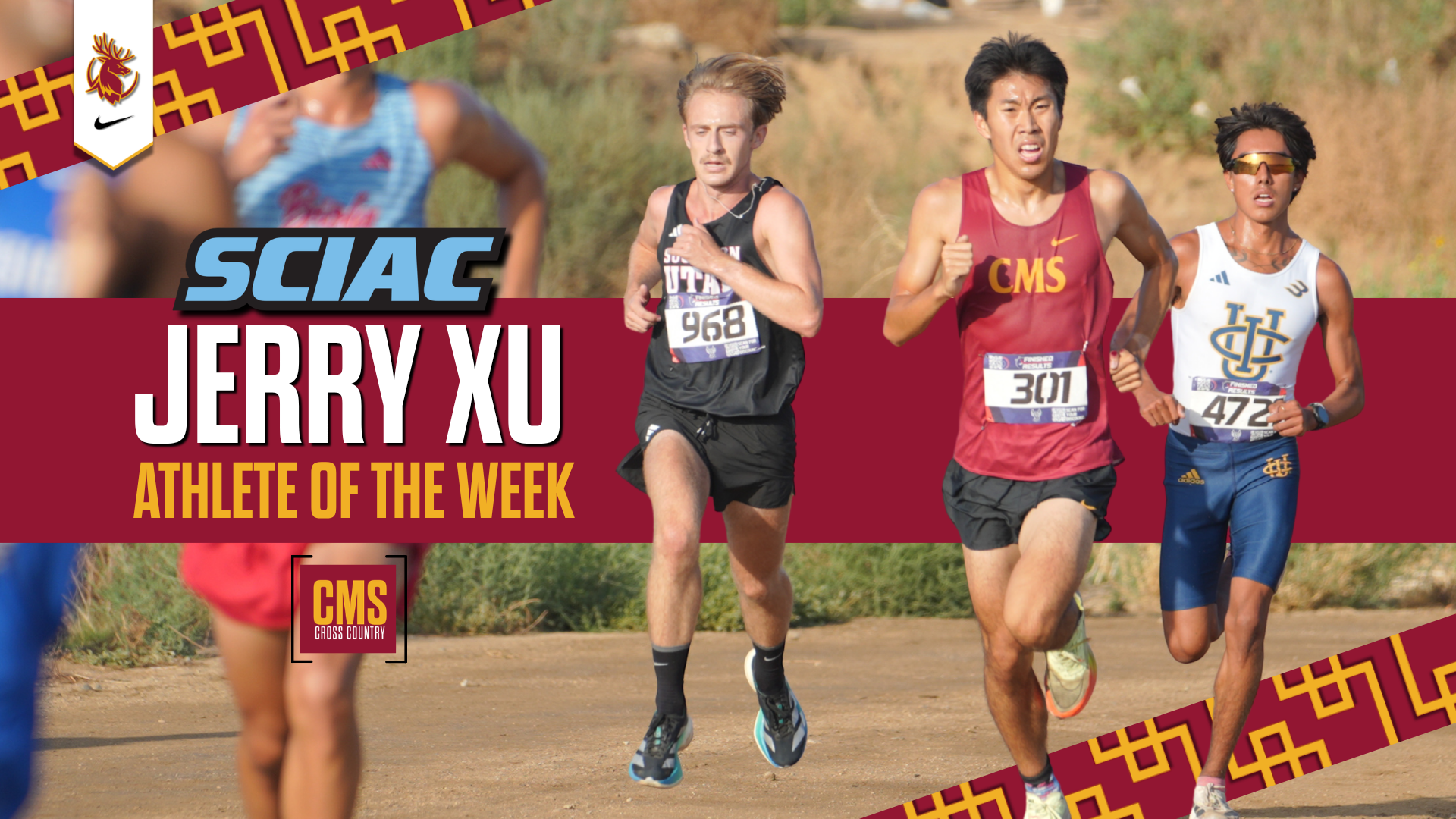 Jerry Xu action shot and the SCIAC logo with the words Athlete of the Week