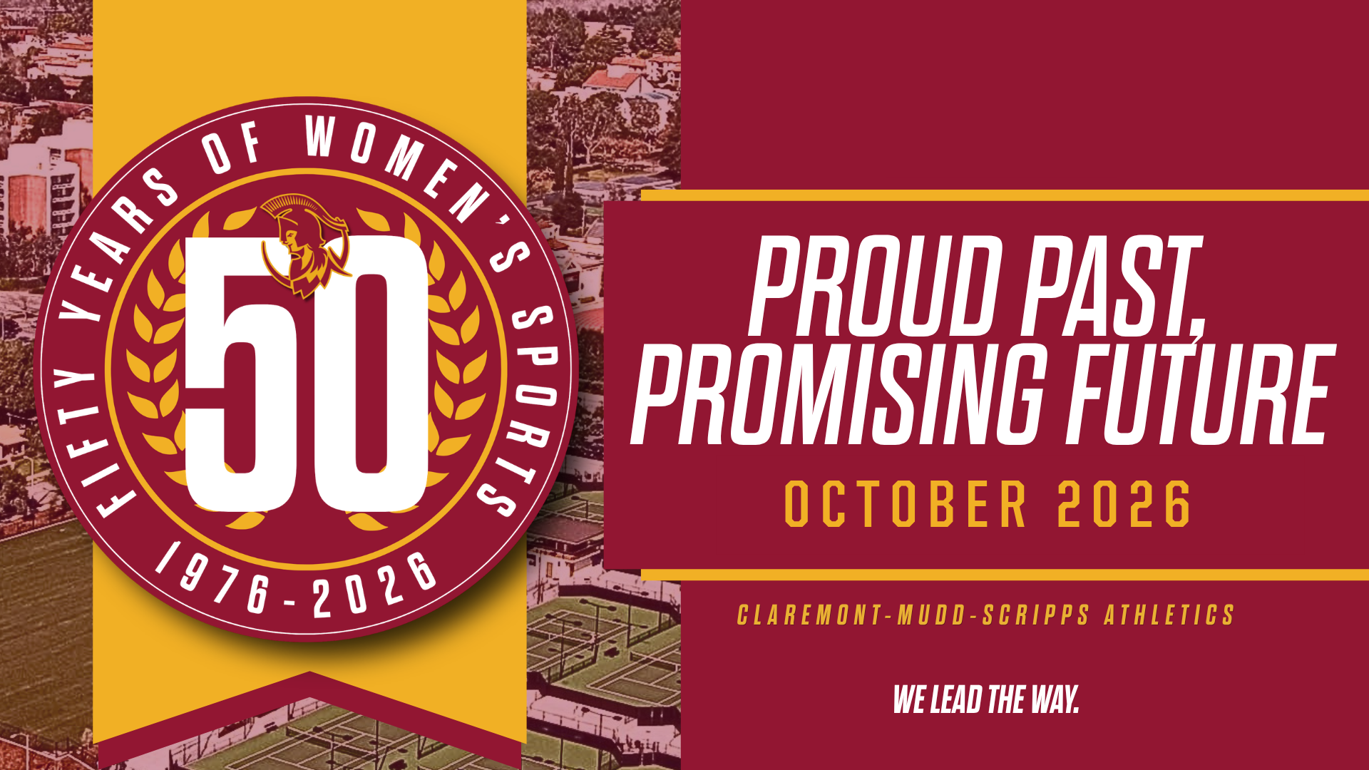 50 Years of Athenas logo with the words October 2026 and the 50 Years logo with an overhead shot of campus in the background