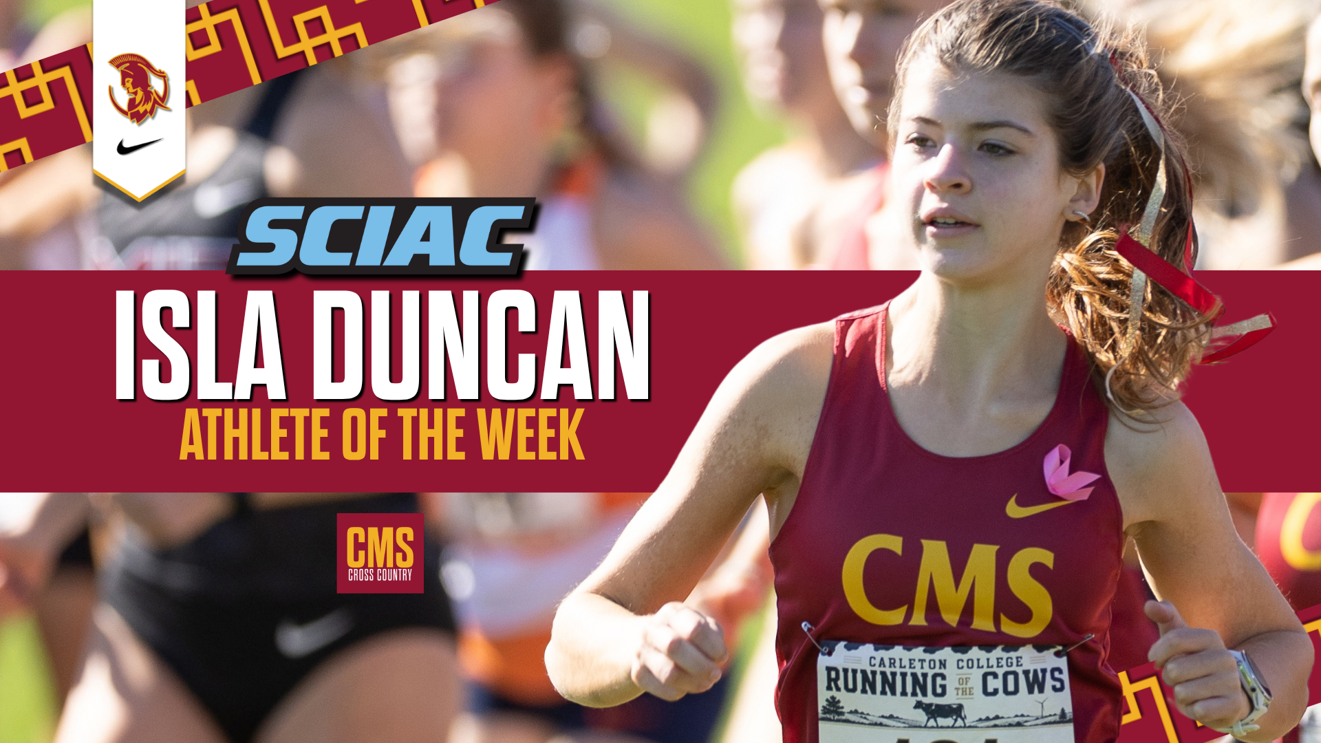 Isla Duncan action shot with the SCIAC logo and the words Athlete of the Week