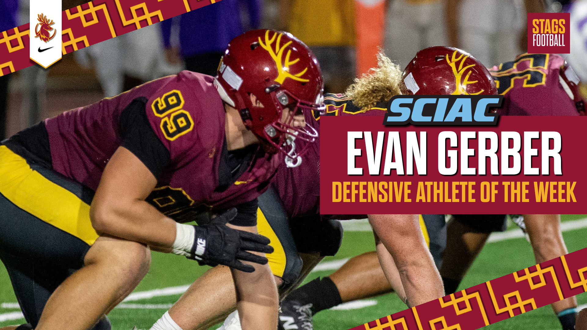 Evan Gerber action shot with the SCIAC logo and the words Defensive Athlete of the Week