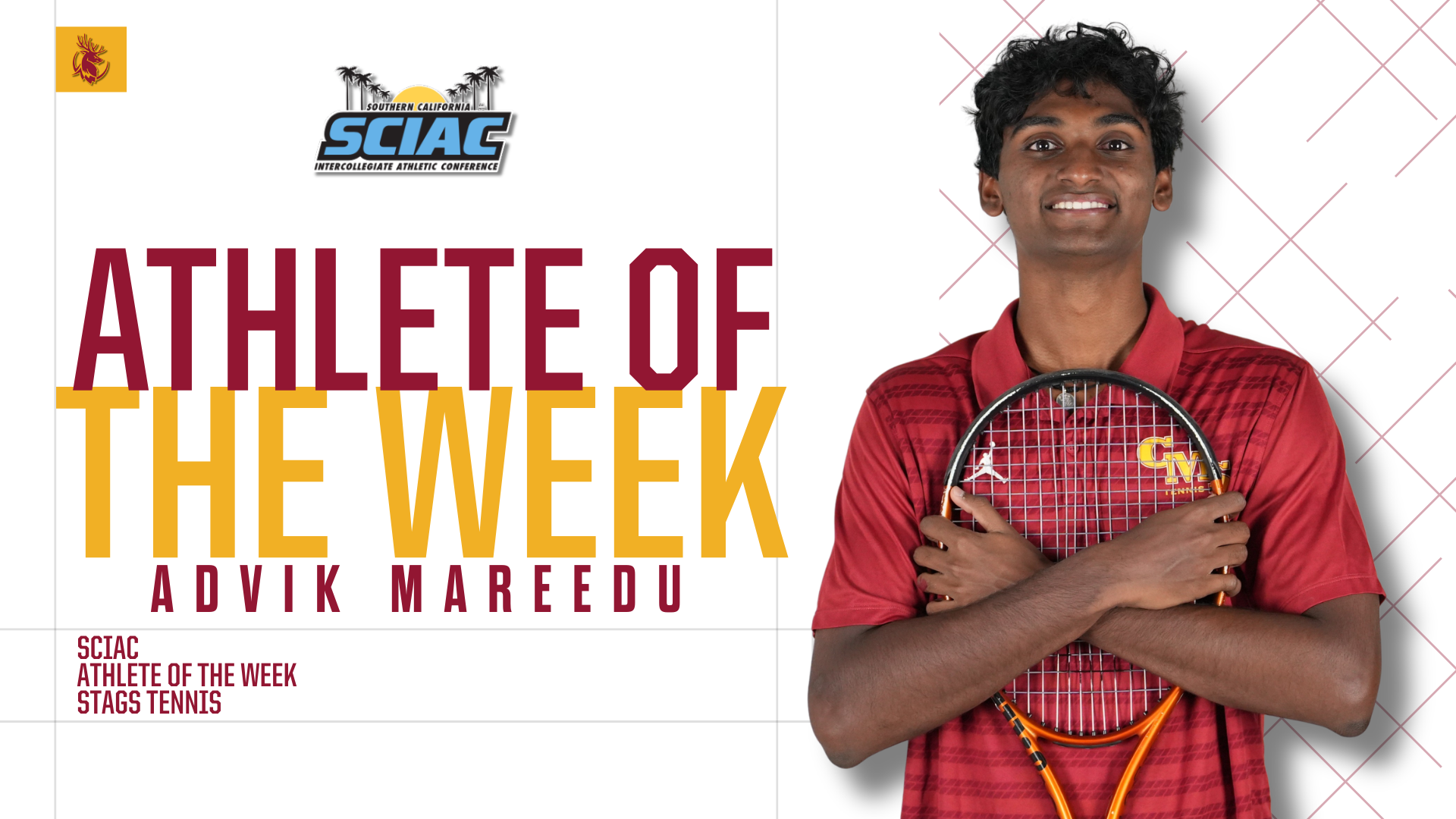 Advik Mareedu posed shot with the SCIAC logo and the words 