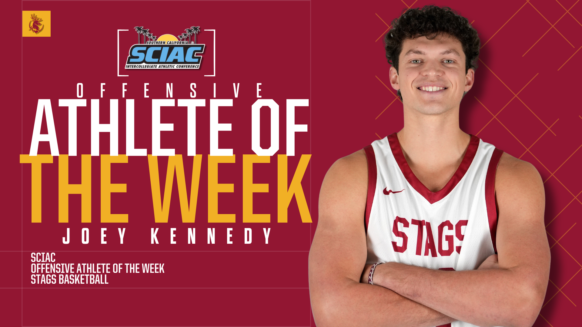 Joey Kennedy posed shot with the SCIAC Logo and the words 