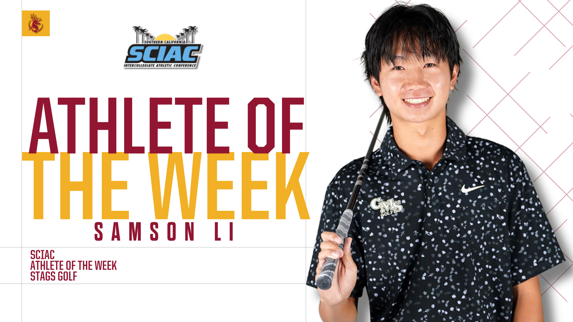 Samson Li posed shot with a golf club on his shoulder, the SCIAC logo, and the Words 