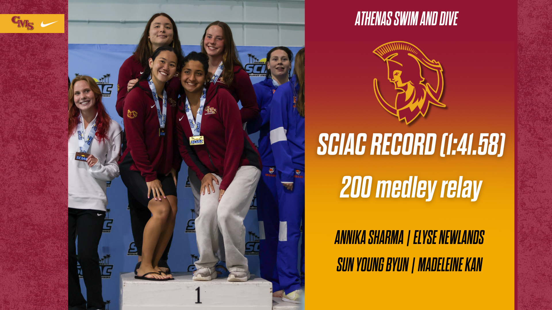 CMS 200 Medley relay posed shot atop the SCIAC Podium