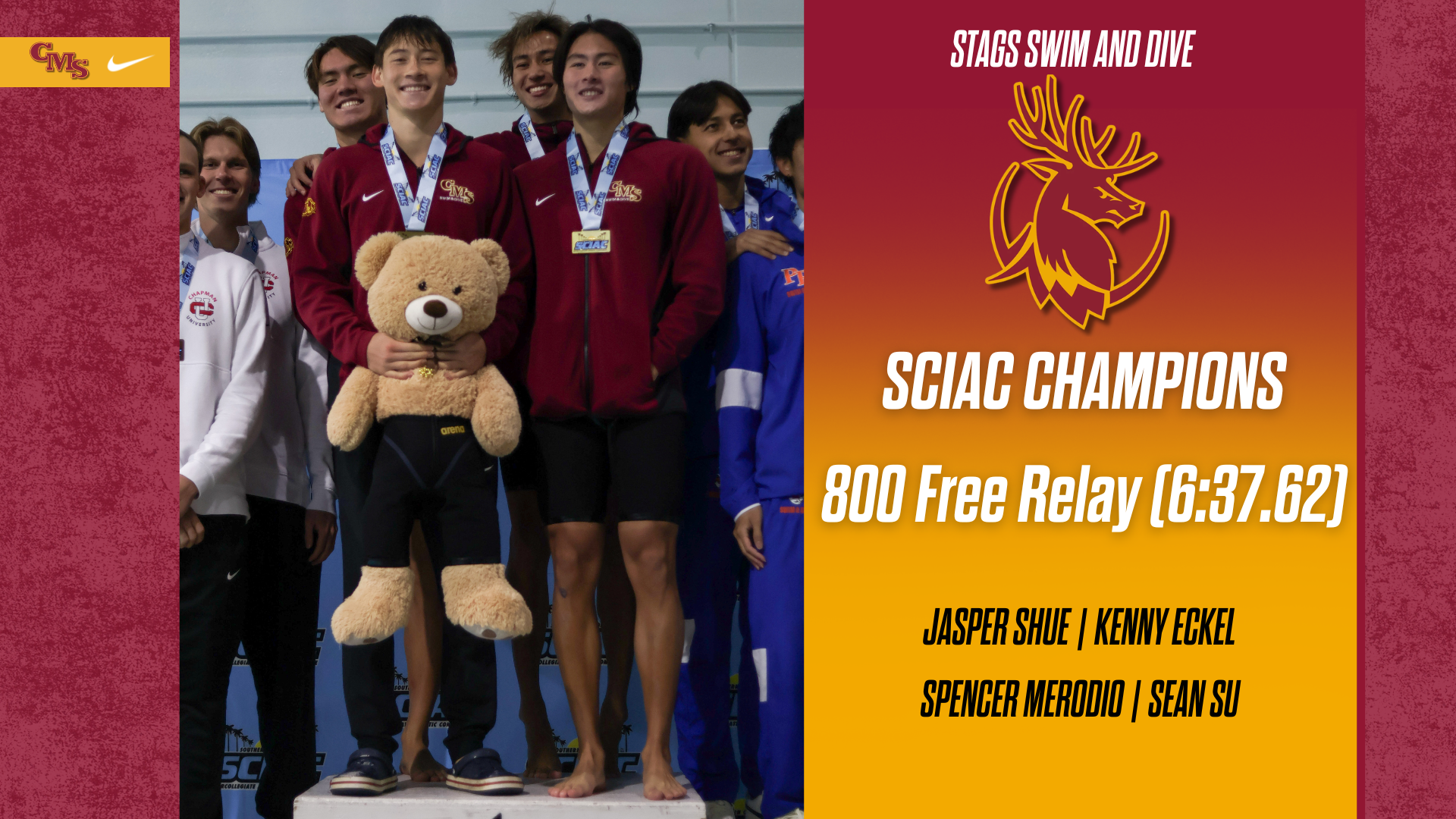 CMS 800 free relay standing atop the podium