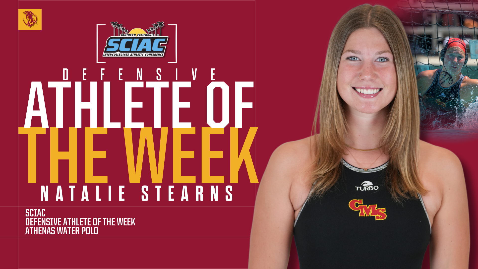 Natalie Stearns posed shot and action shot with the SCIAC logo and the words Defensive Athlete of the Week