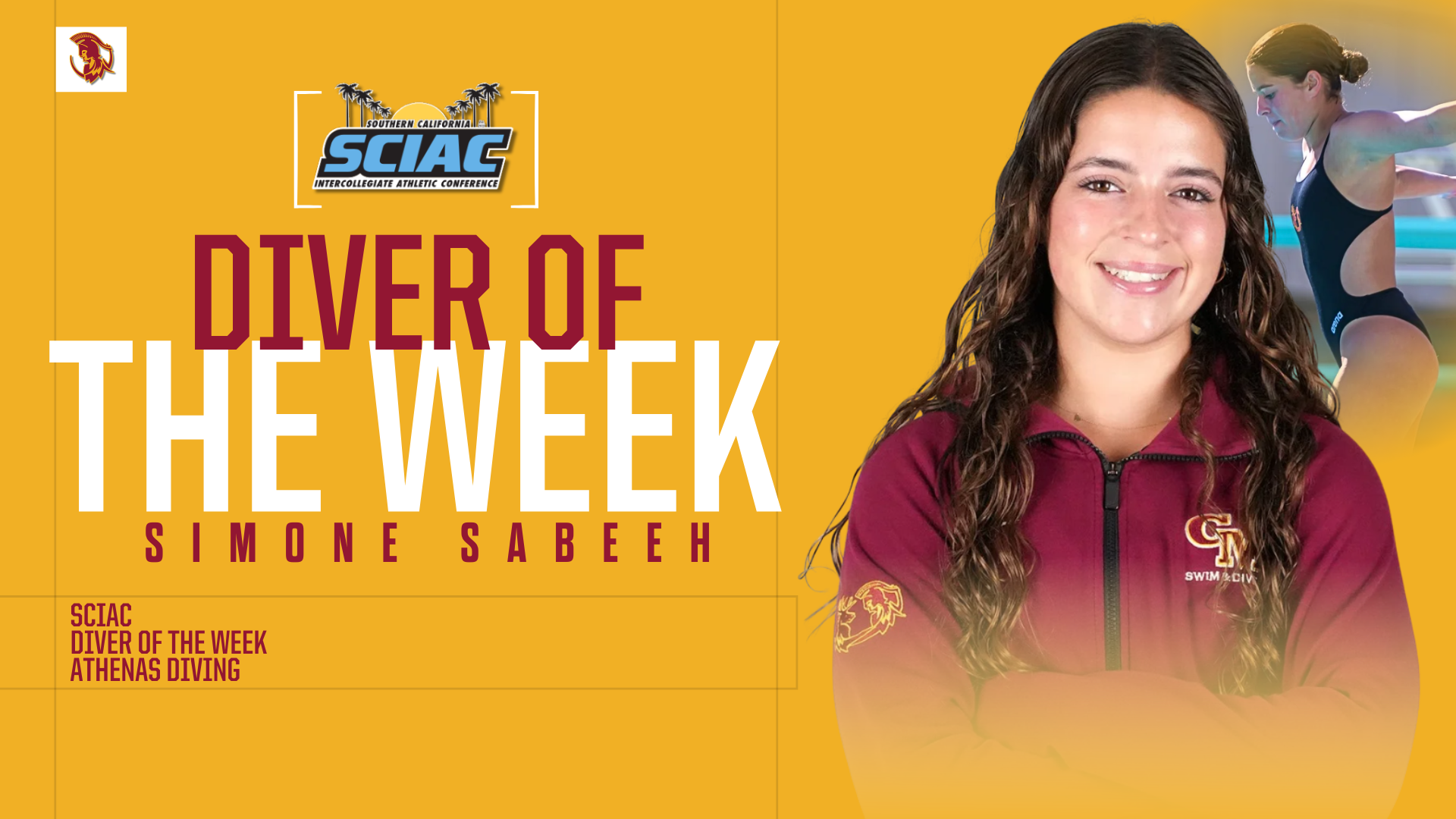 Simone Sabeeh posed shot and an action shot in the corner with the SCIAC logo and the words Diver of the Week