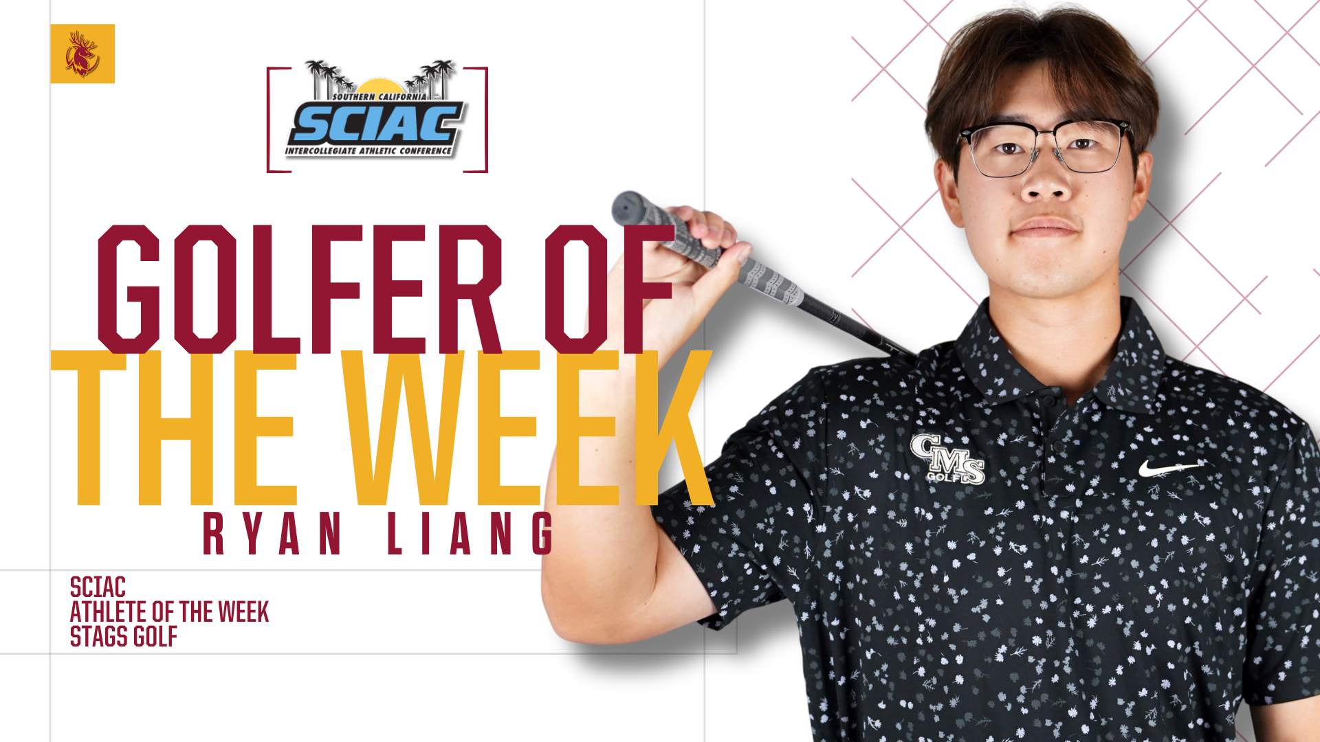 Ryan Liang posed shot with a golf club, the SCIAC logo and the words 