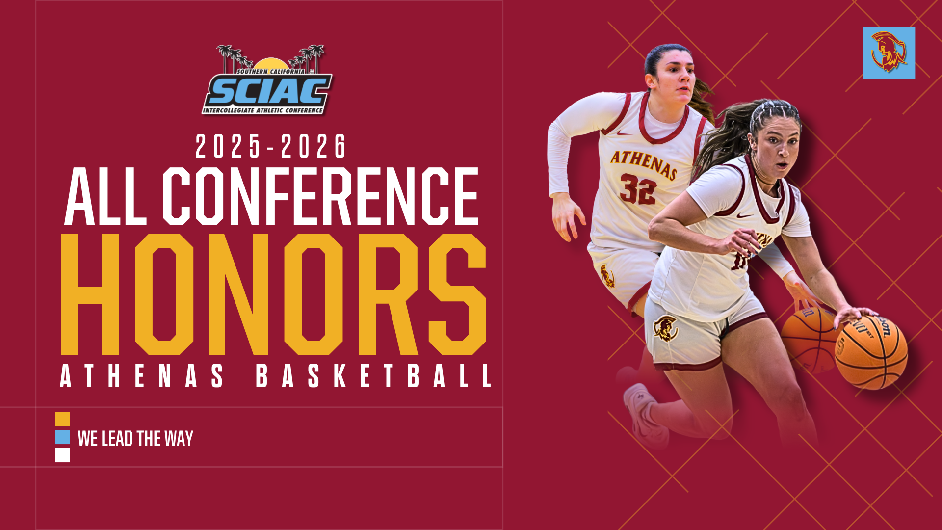 Action shots of WBB SCIAC All-Conference winners Caleigh Edwards and Katie Resendiz with the SCIAC logo and the words 