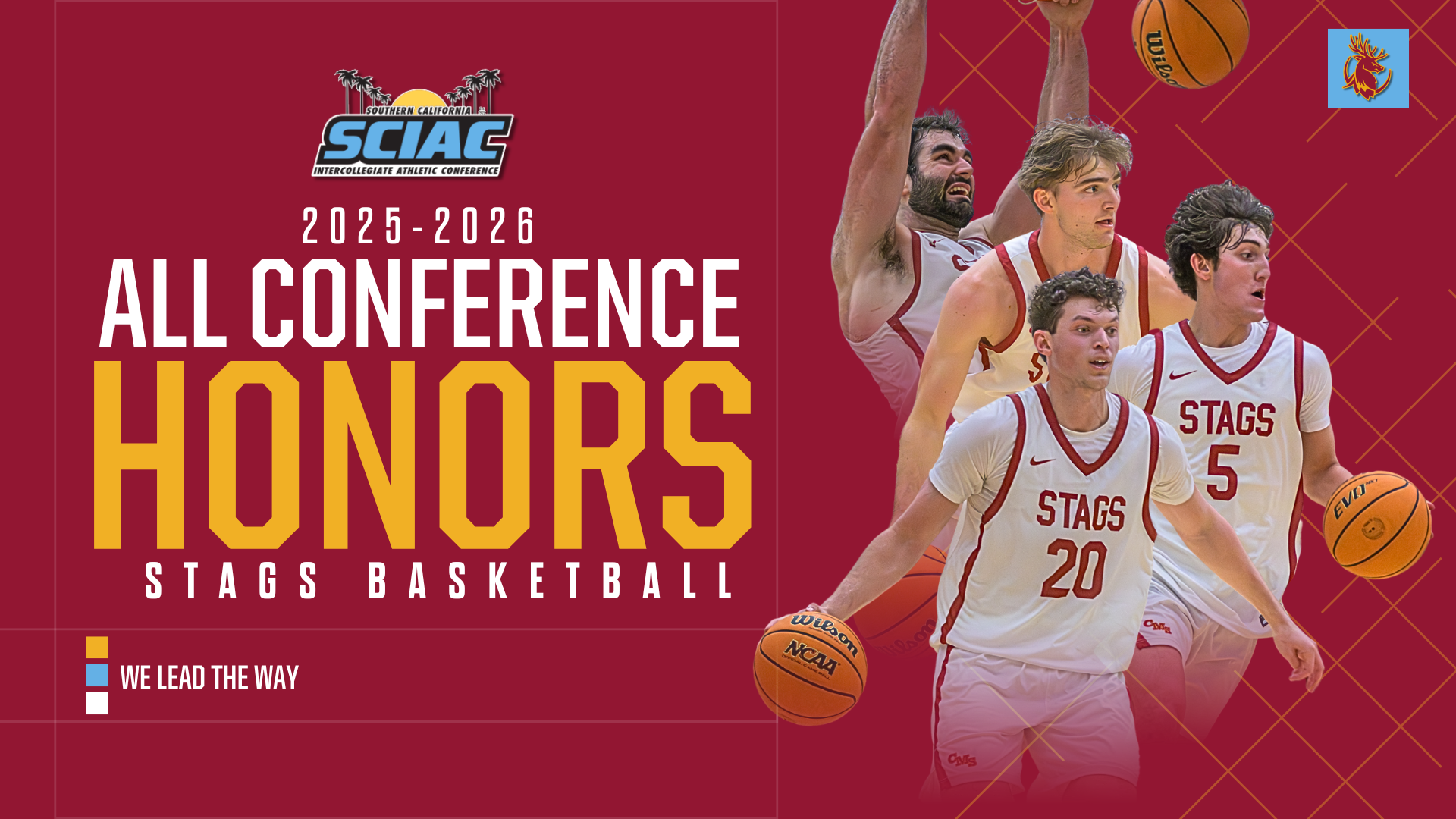 Action shots of CMS All-Conference selections (Cahal Connolly, Will Householter, Reid Jones and Joey Kennedy) with the SCIAC logo, the words All-Conference honors and the slogan 