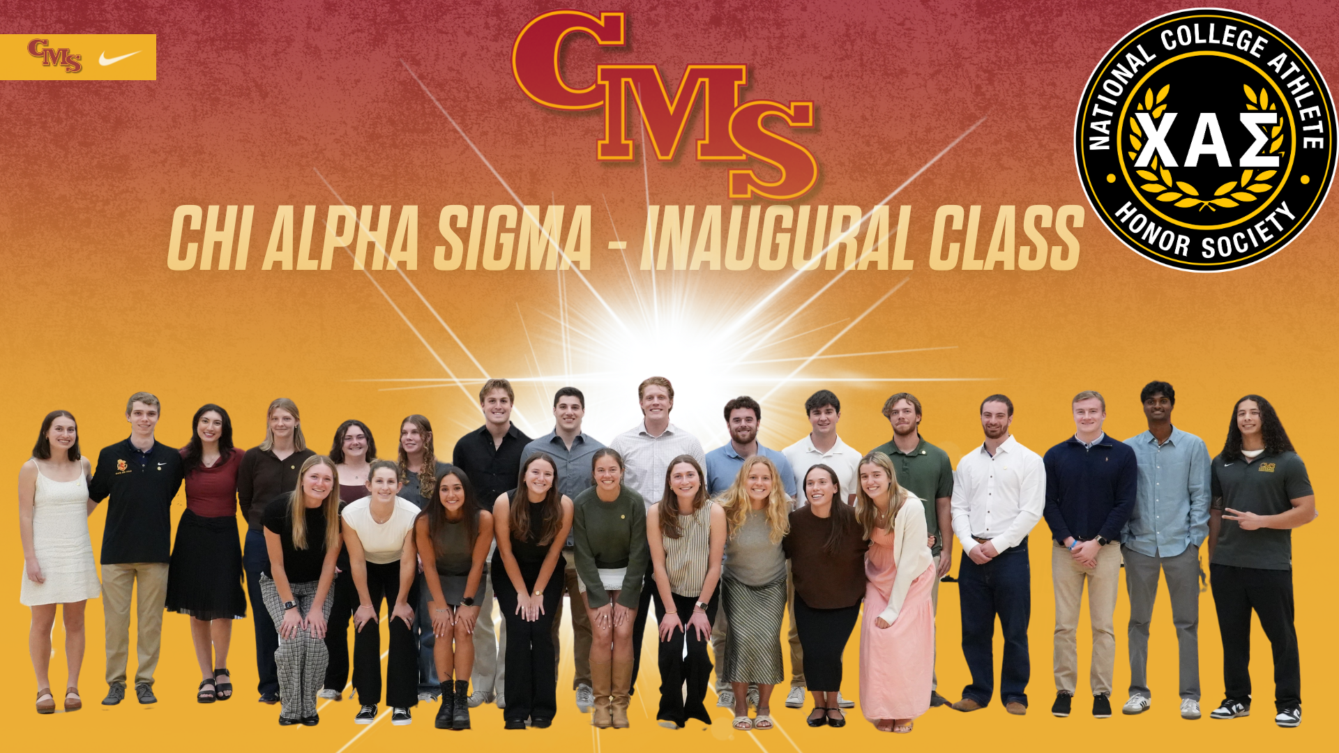 Chi Alpha Sigma inductee group photo with the CMS and Chi Alpha Sigma logos and the words 