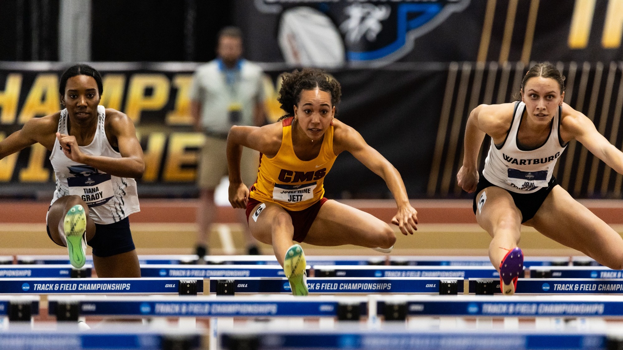 Josephine Jett competing in the hurdles at the NCAA Indoors