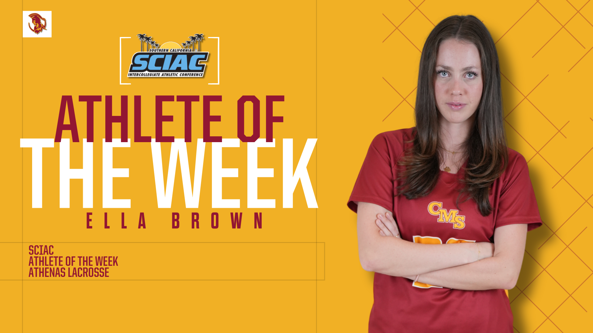 Ella Brown posed shot with the SCIAC logo and the words Athlete of the Week