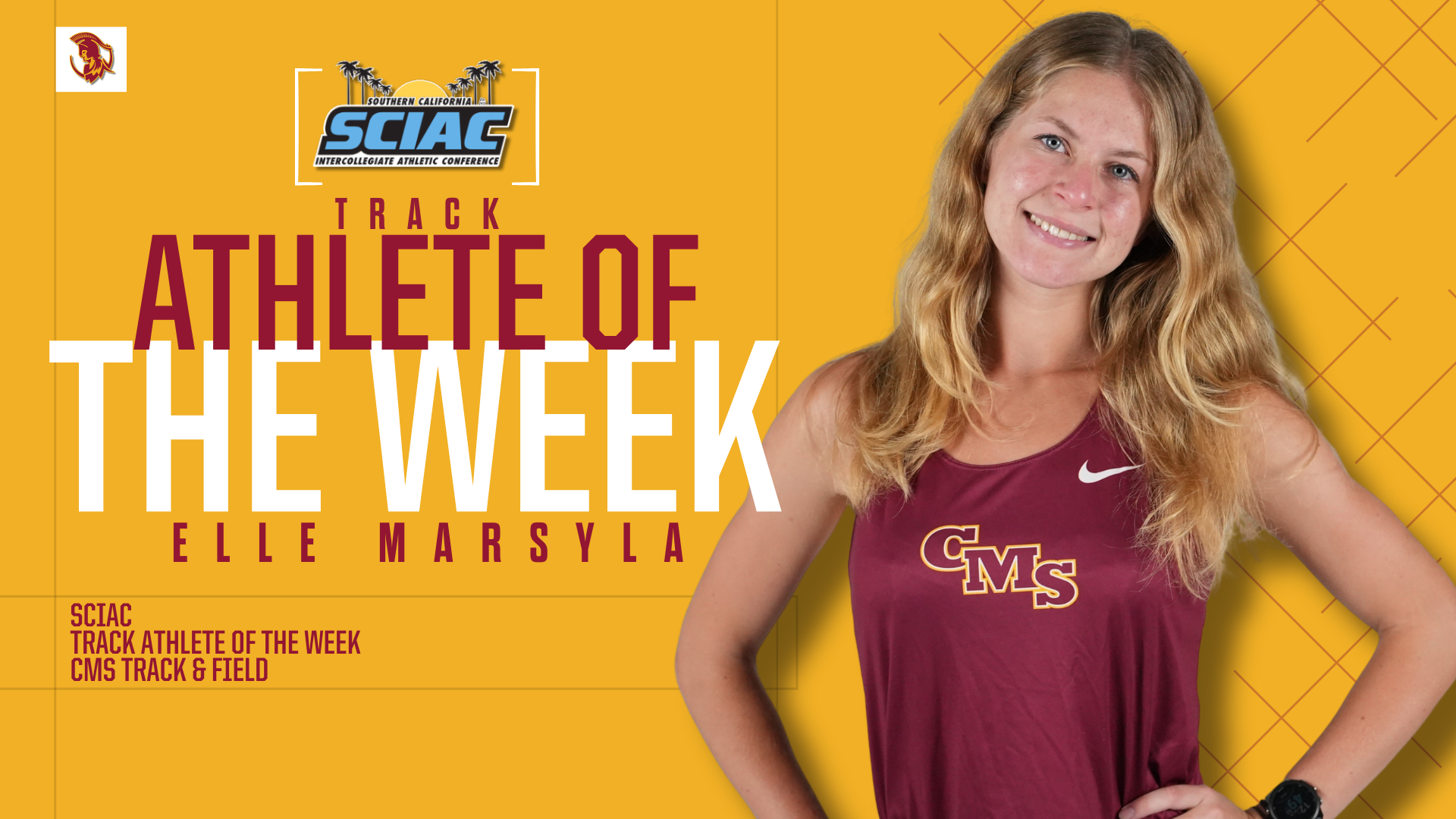 Elle Marsyla posed shot with the SCIAC Logo and the words Track Athlete of the Week