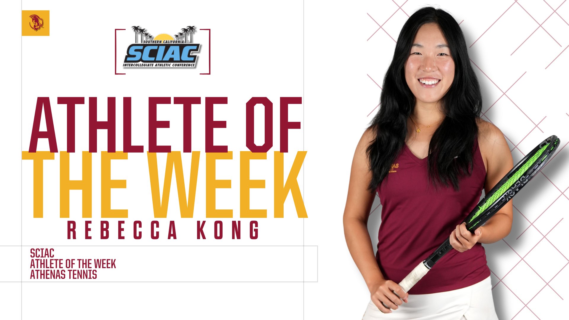 Rebecca Kong posed shot with the SCIAC logo and the words 
