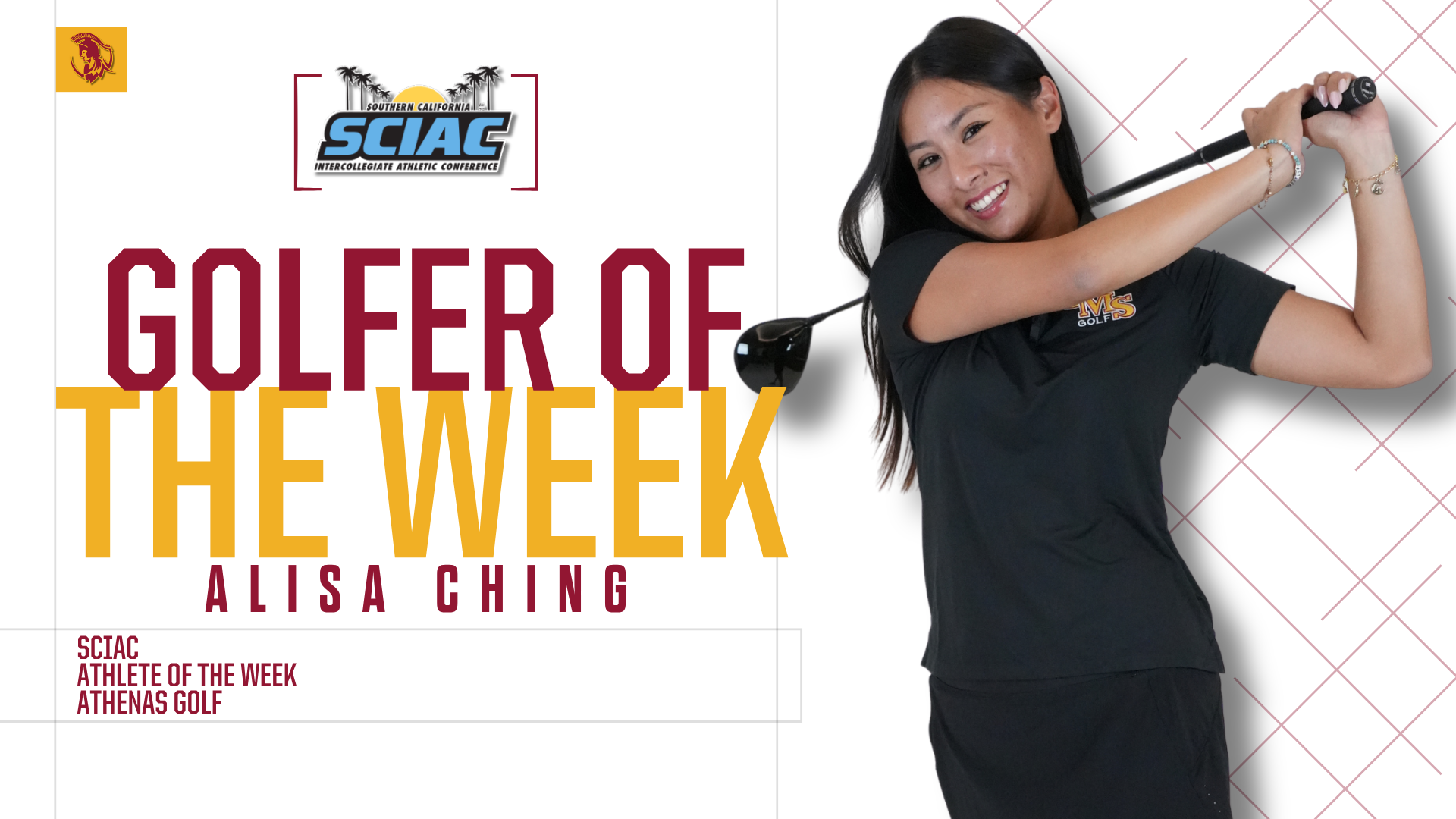 Alisa Ching posed shot with the SCIAC Logo and the words Athlete of the Week