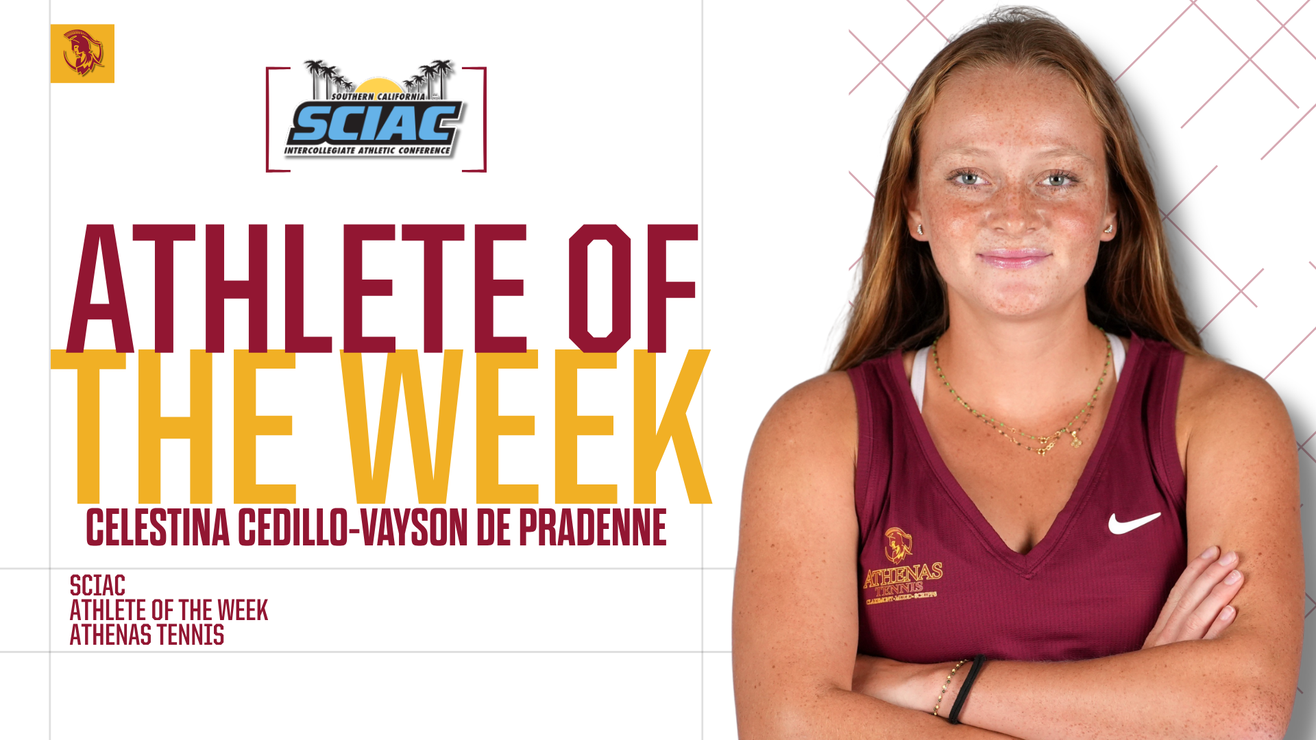 Celestina Cedillo-Vayson de Pradenne posed shot with the SCIAC logo and the words 