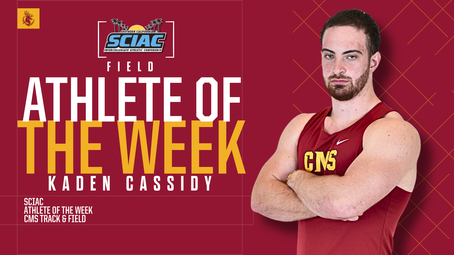 Posed shot of Kaden Cassidy with the SCIAC logo and the words Field Athlete of the Week