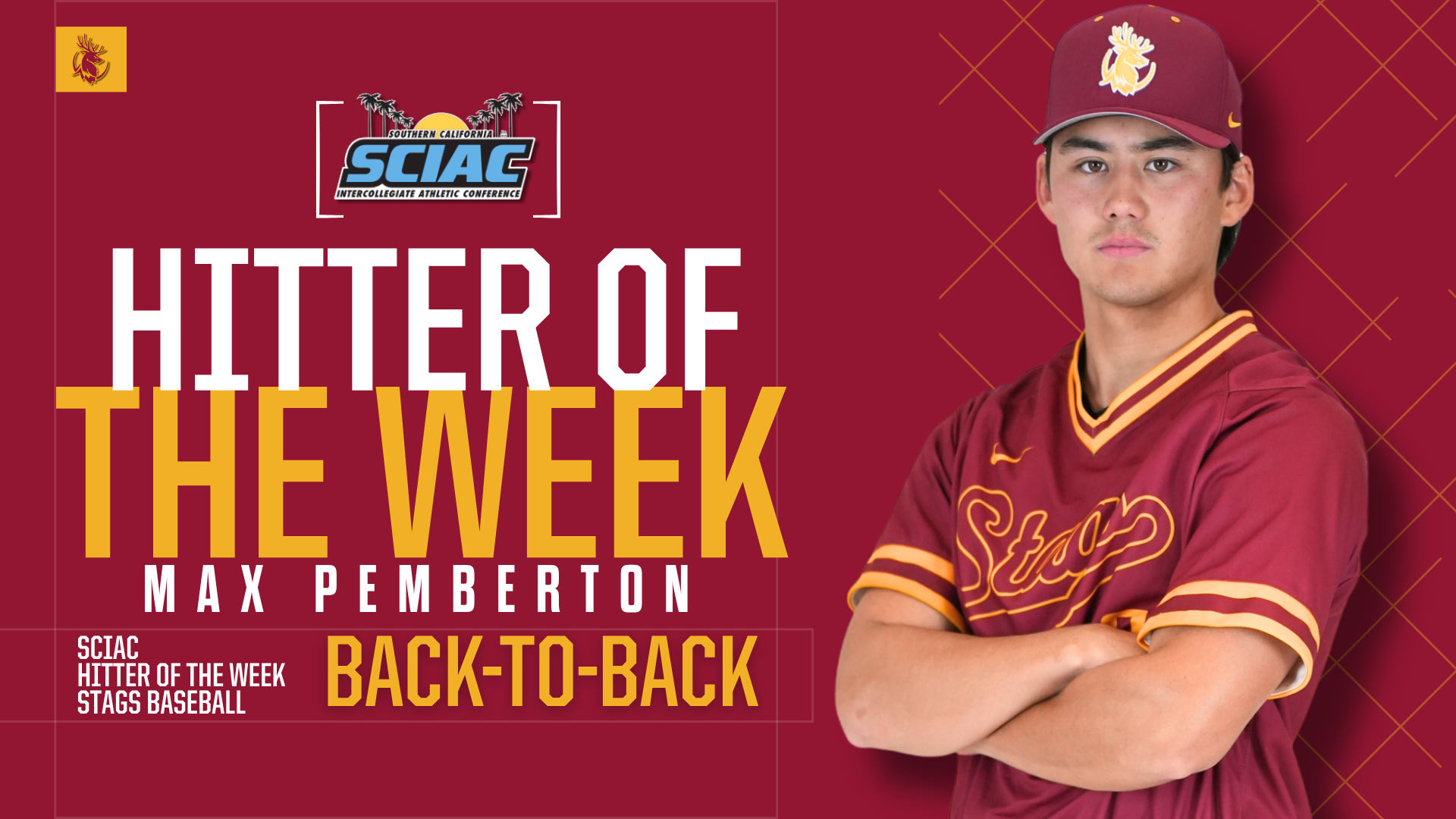 Max Pemberton posed shot with the SCIAC logo and the words Hitter of the Week