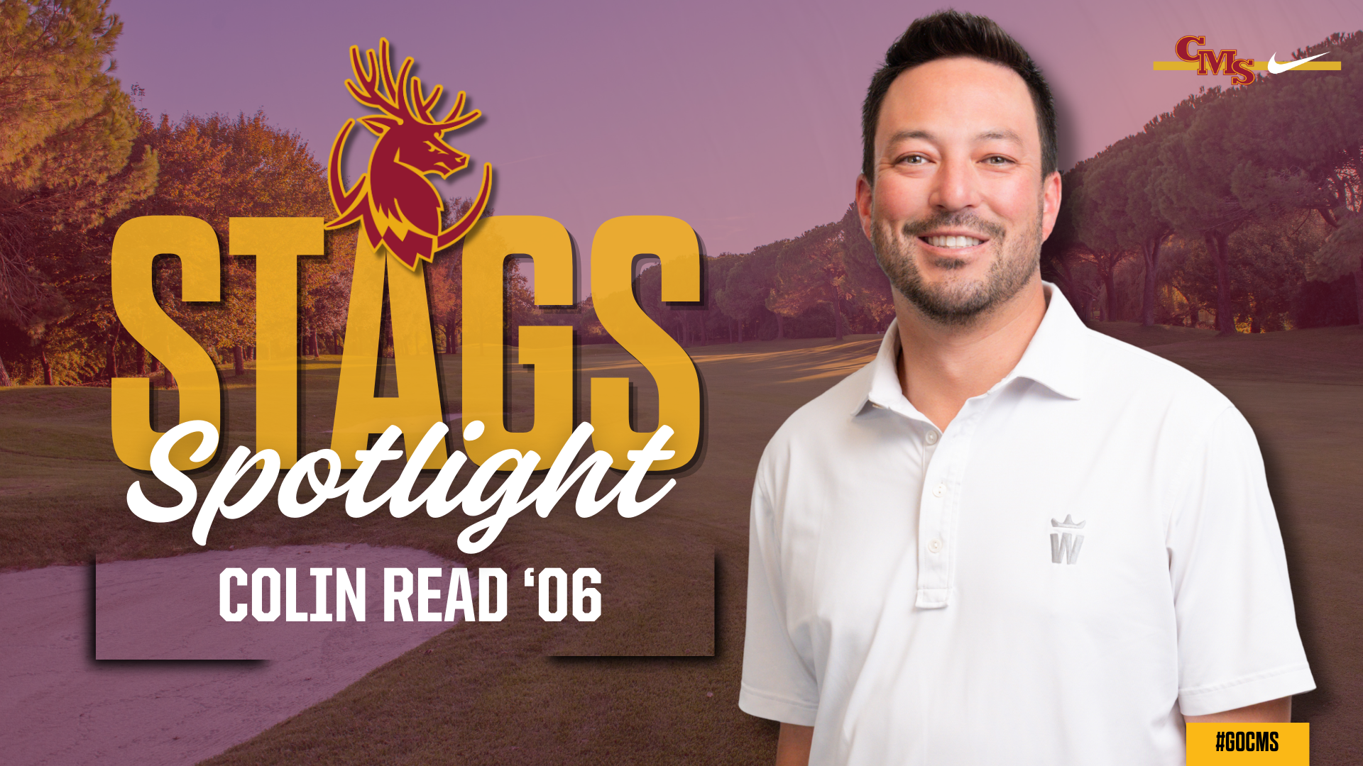 Colin Read posed shot with a golf course in the background and the words 