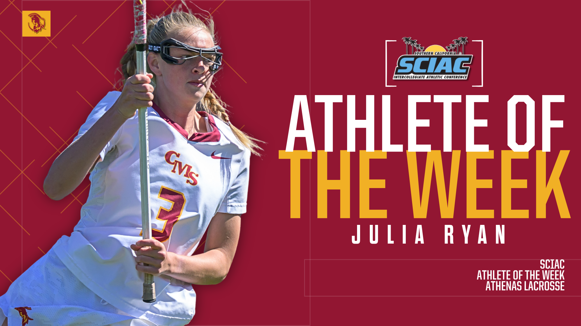 Julia Ryan action shot with the SCIAC logo and the words Athlete of the Week