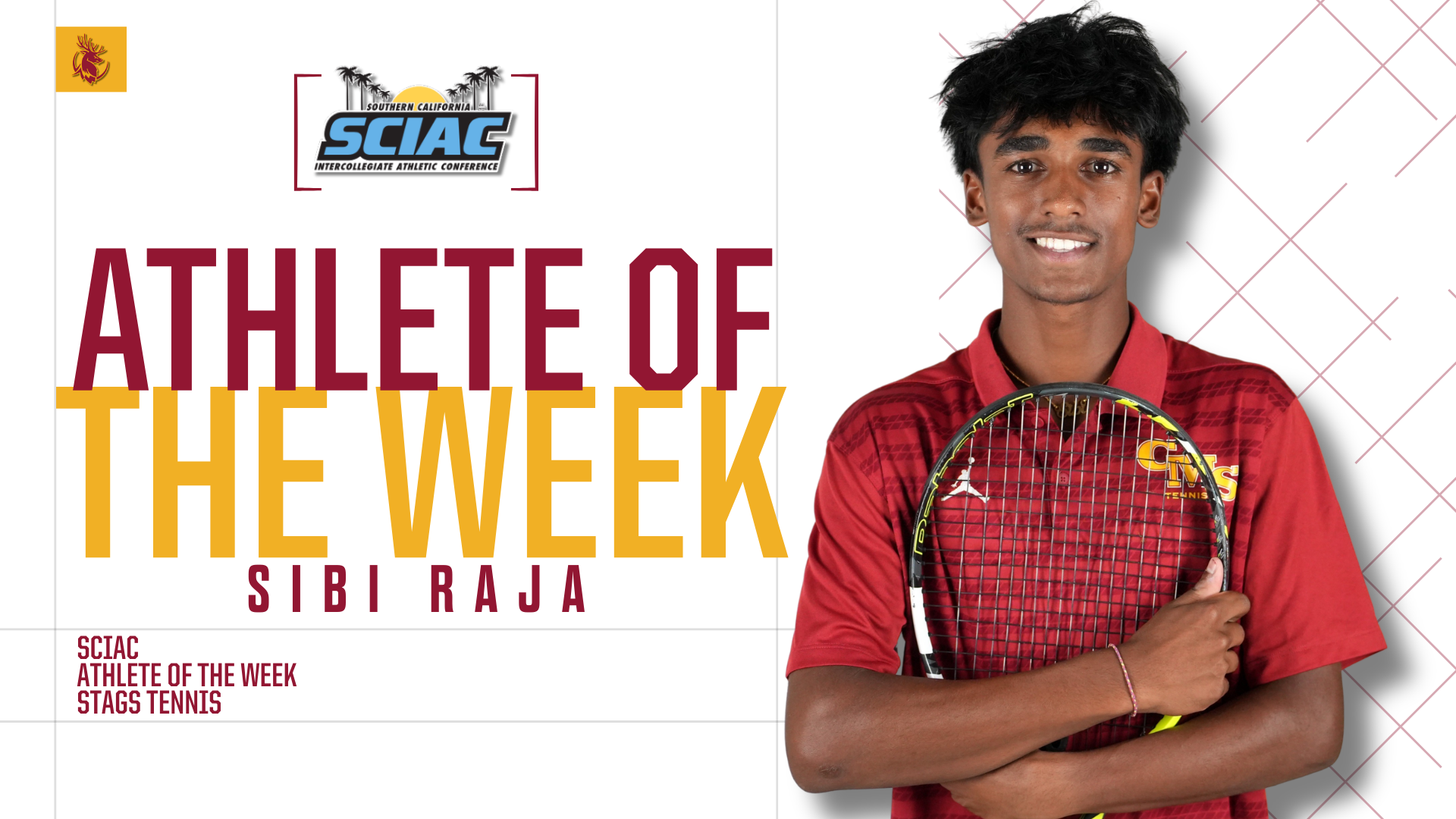 Sibi Raja posed shot with the SCIAC logo and the words Athlete of the Week, with a Stag logo in the upper left corner