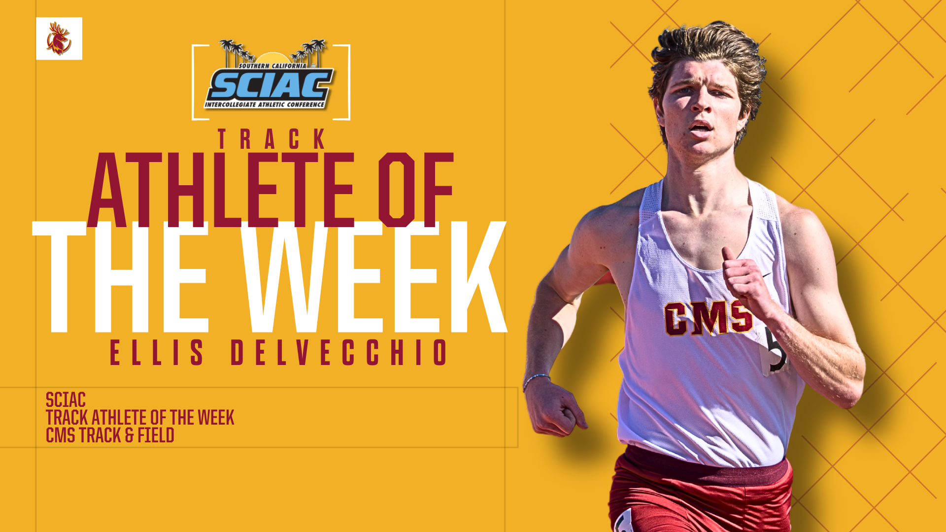 Ellis DelVecchio action shot with the SCIAC Logo and the words 