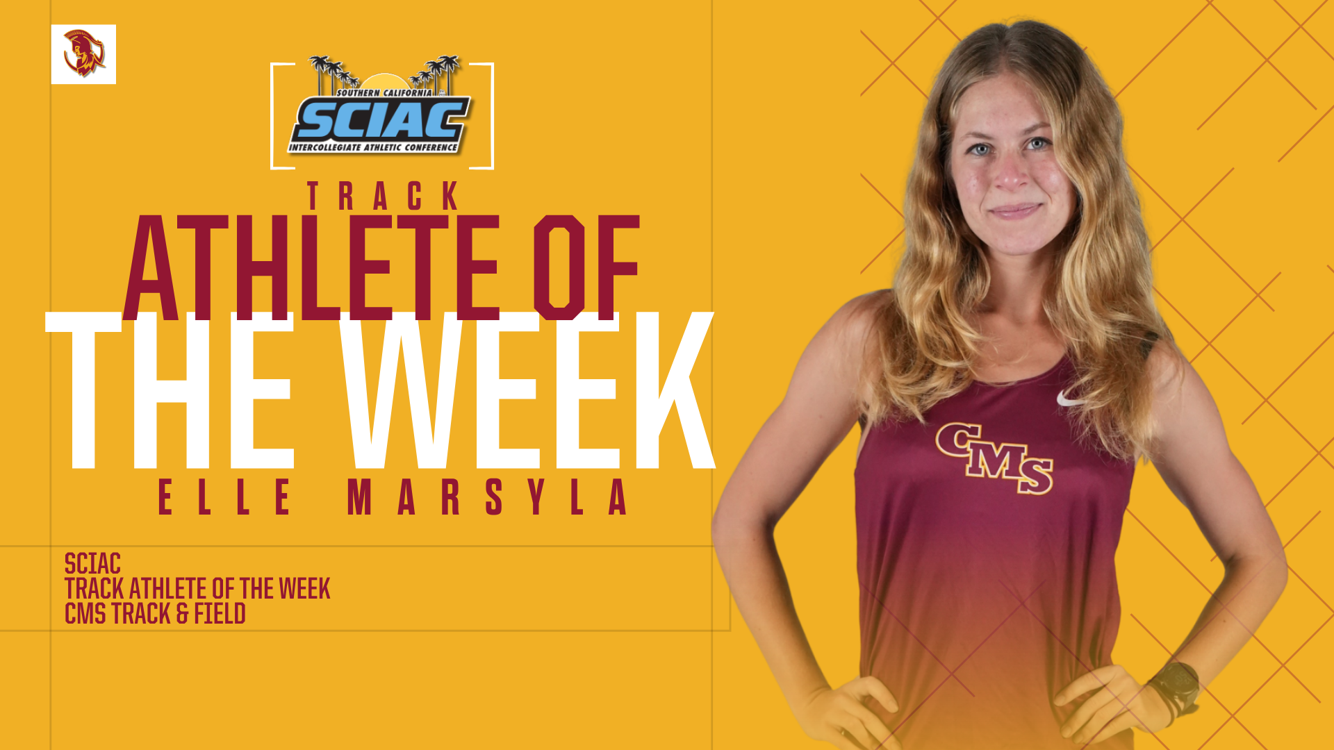 Elle Marsyla posed shot with the SCIAC logo and the words Track Athlete of the Week