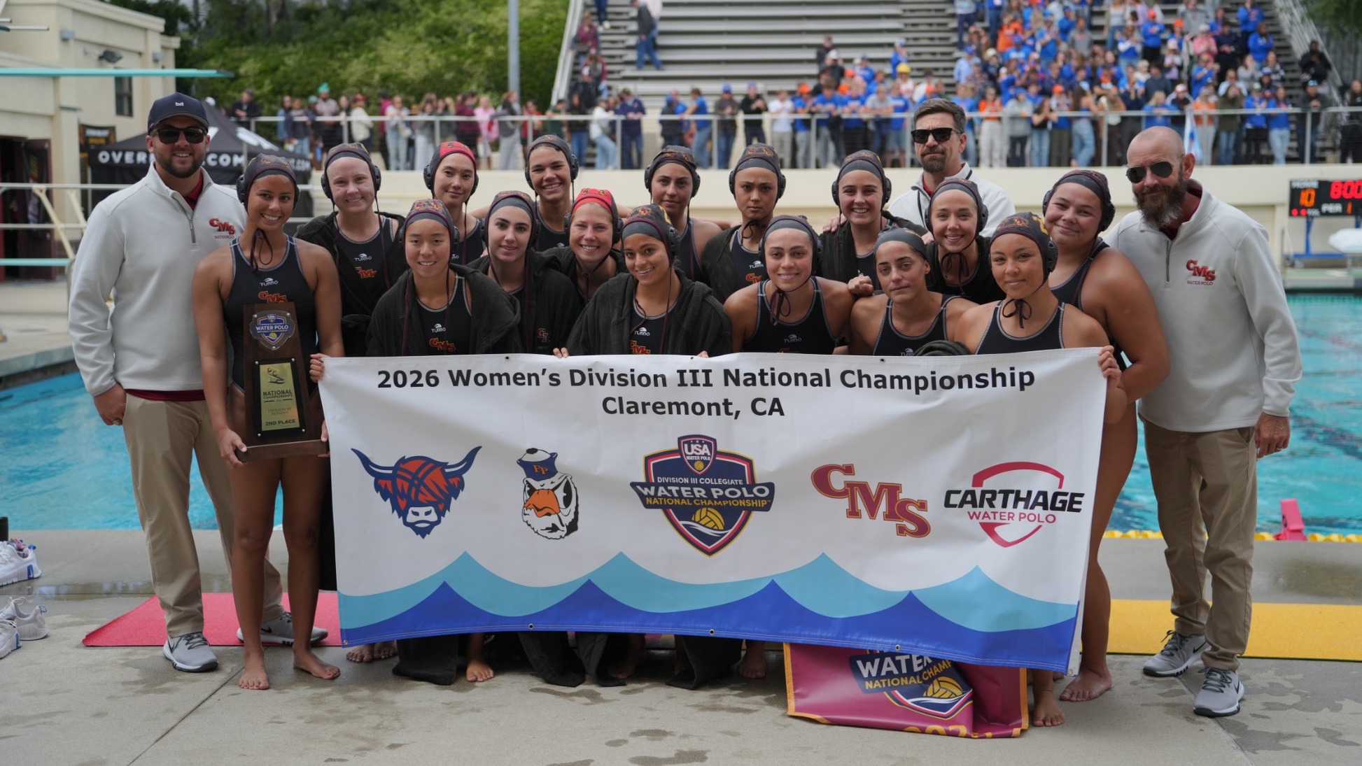 CMS Women's Water Polo group photo with USA Water Polo banner