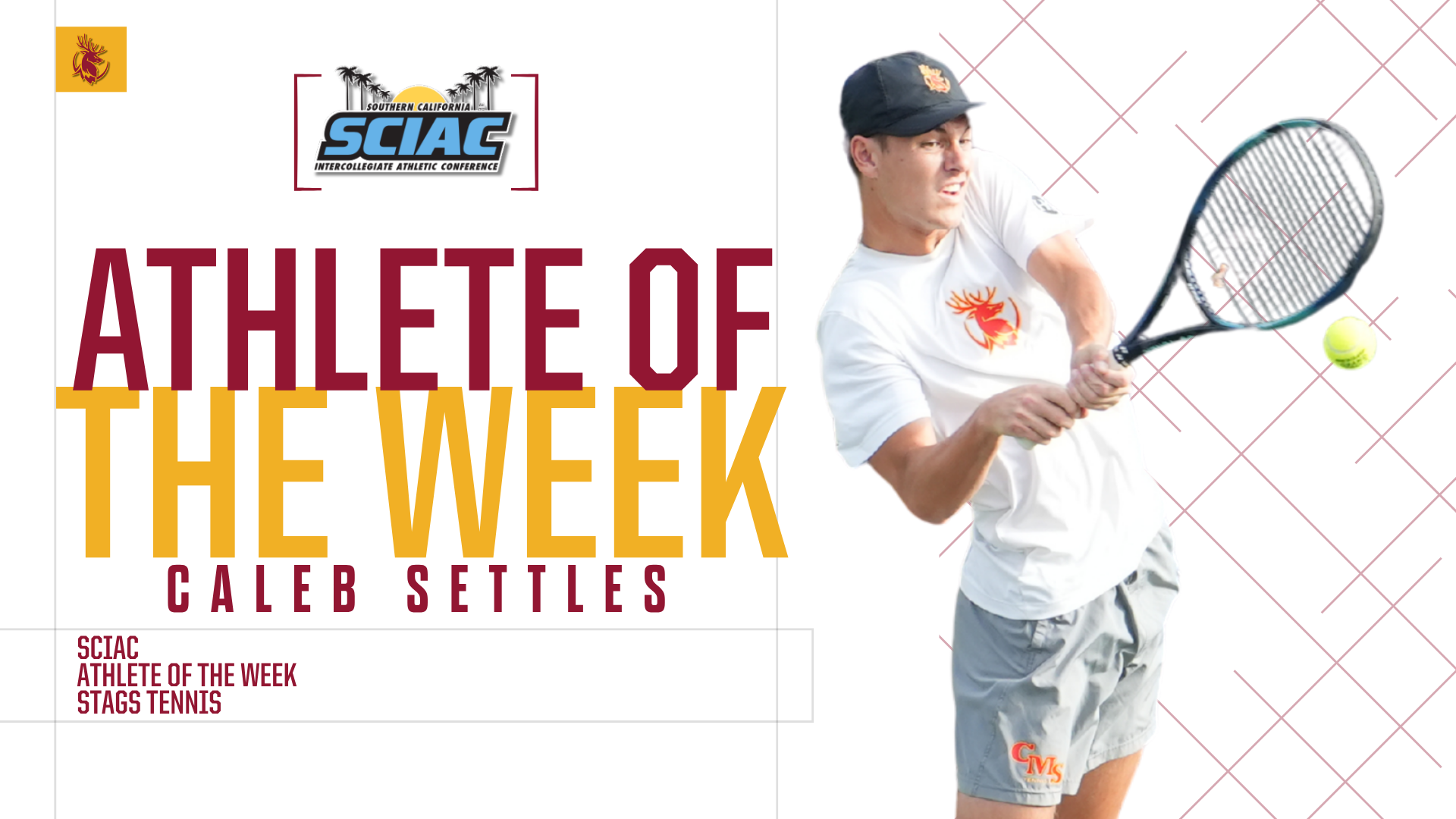 Caleb Settles action shot with the SCIAC logo and the words Athlete of the Week