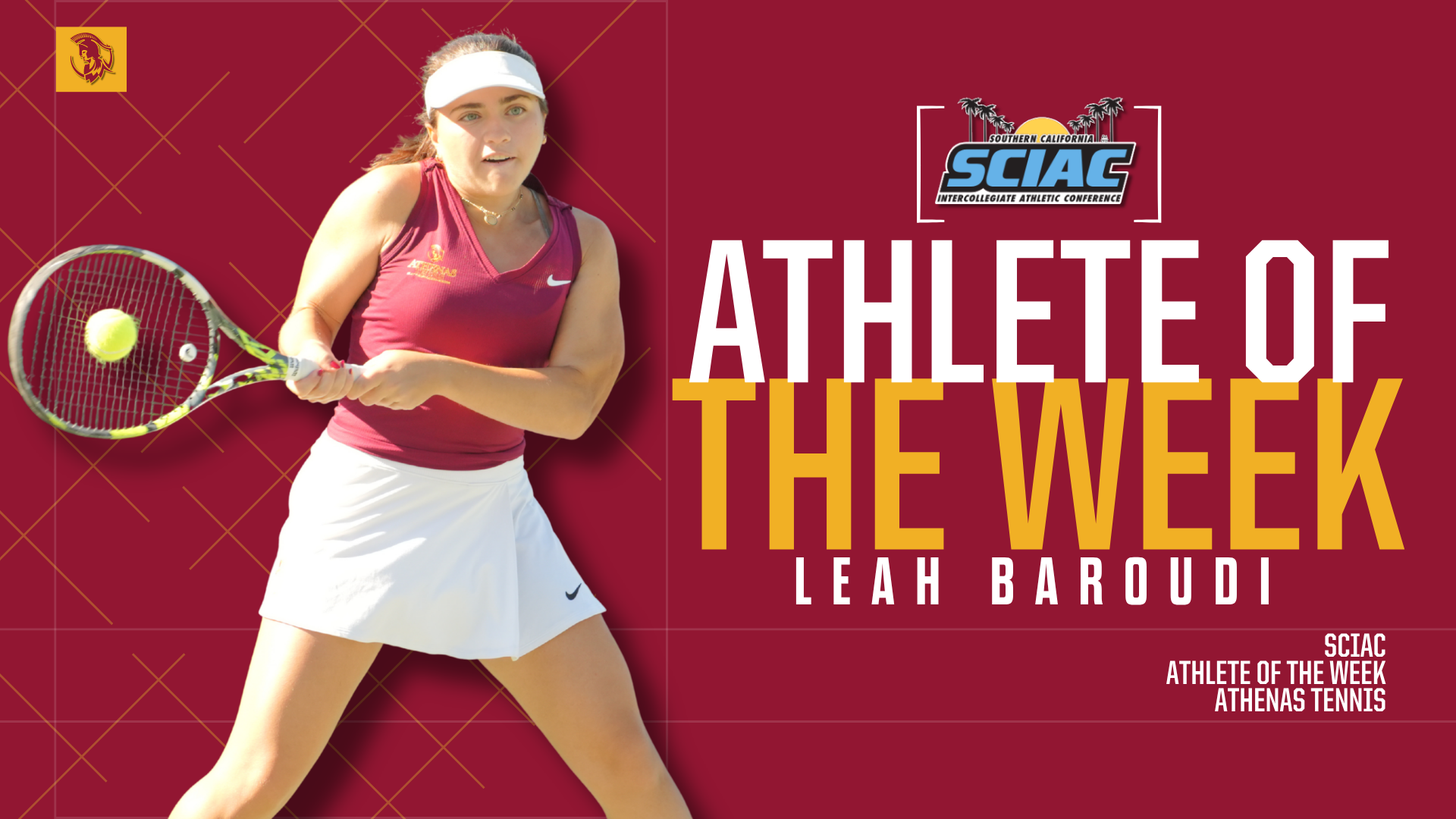 Leah Baroudi action shot with the SCIAC Logo and the words 