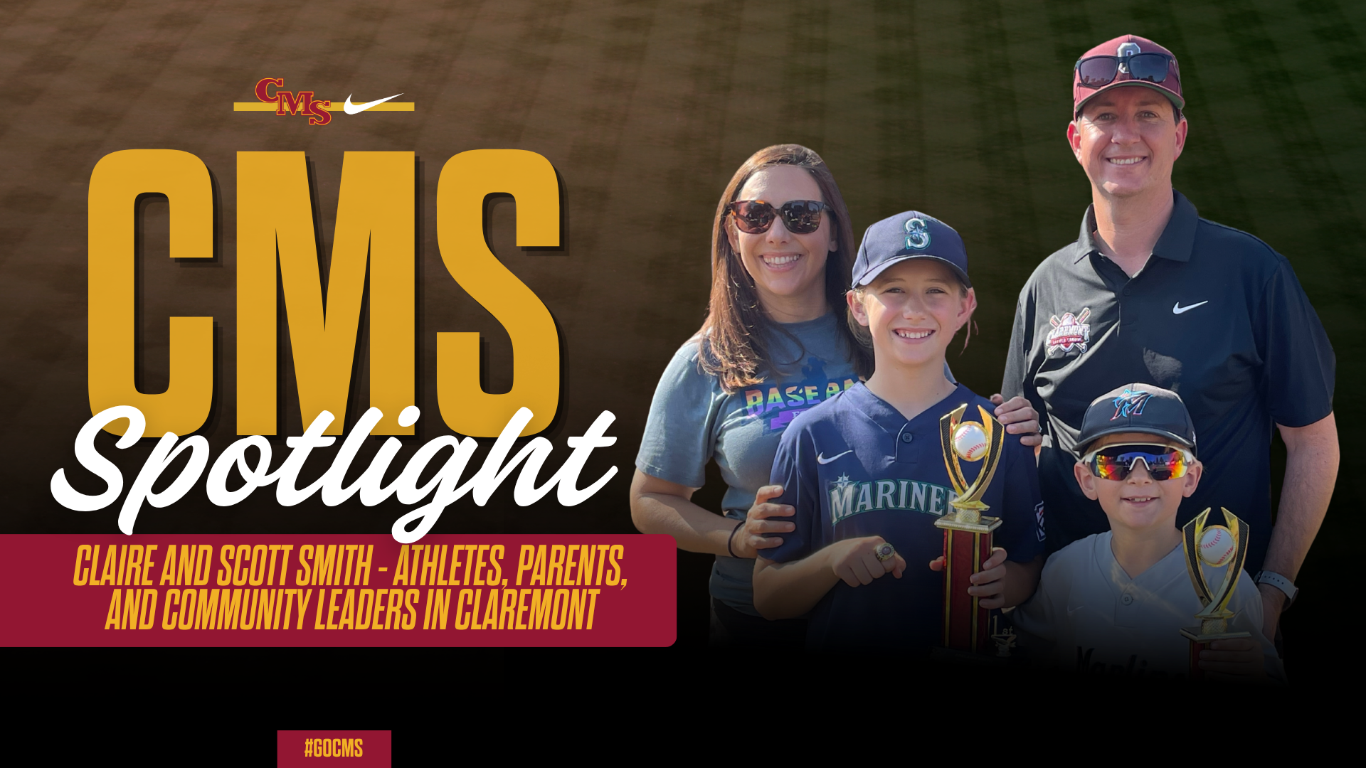 Claire and Scott Smith and their two children with the words, CMS Spotlight, Athletes, Parents and Community Leaders in Claremont