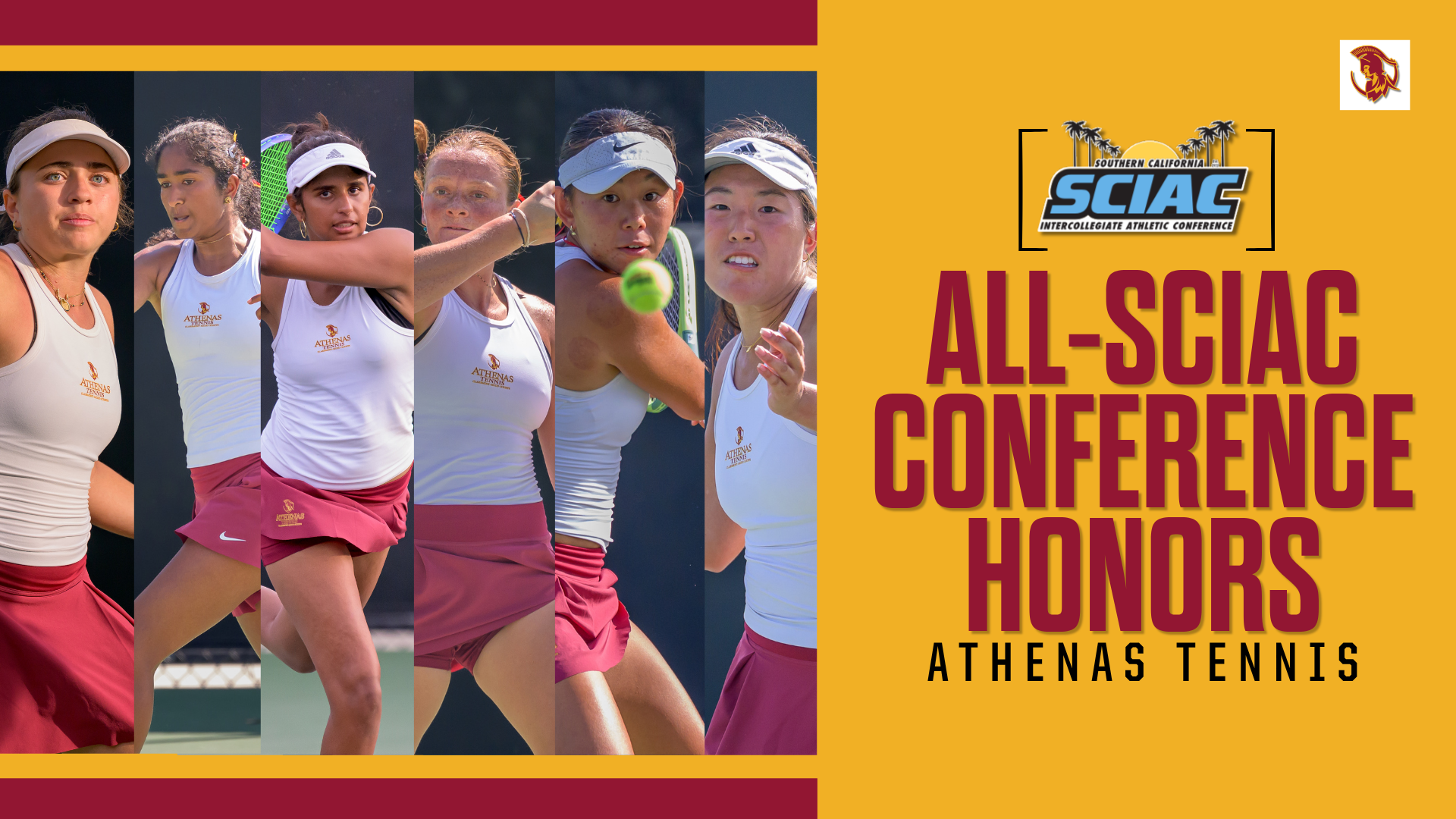 CMS Women's Tennis All-SCIAC action shots with the SCIAC logo and the words All-Conference Teams