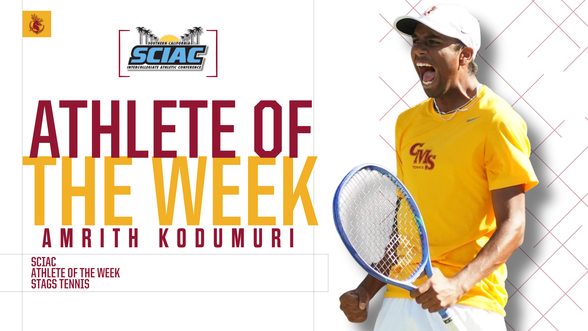 Amrith Kodumuri celebrating with the SCIAC logo and the words 