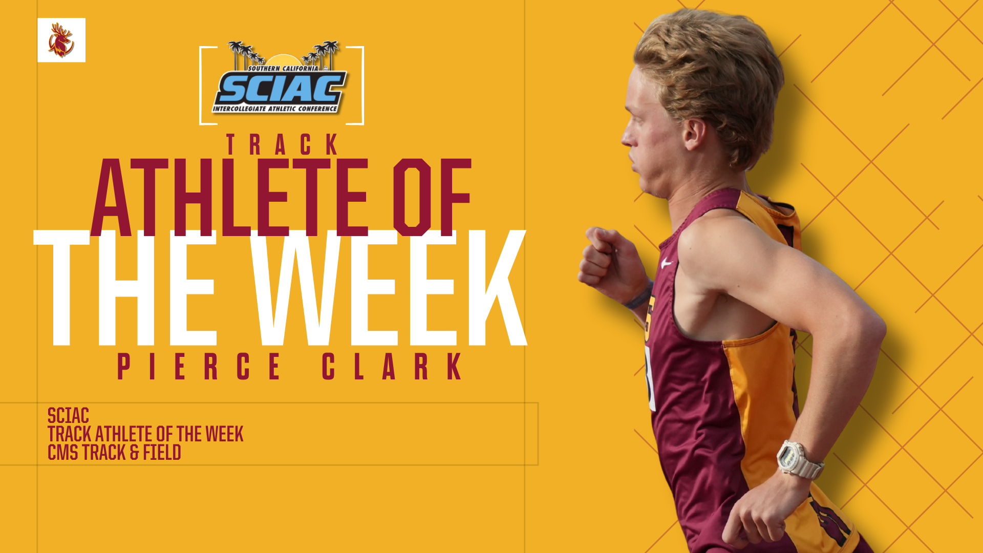 Pierce Clark action shot with the SCIAC logo and the words 