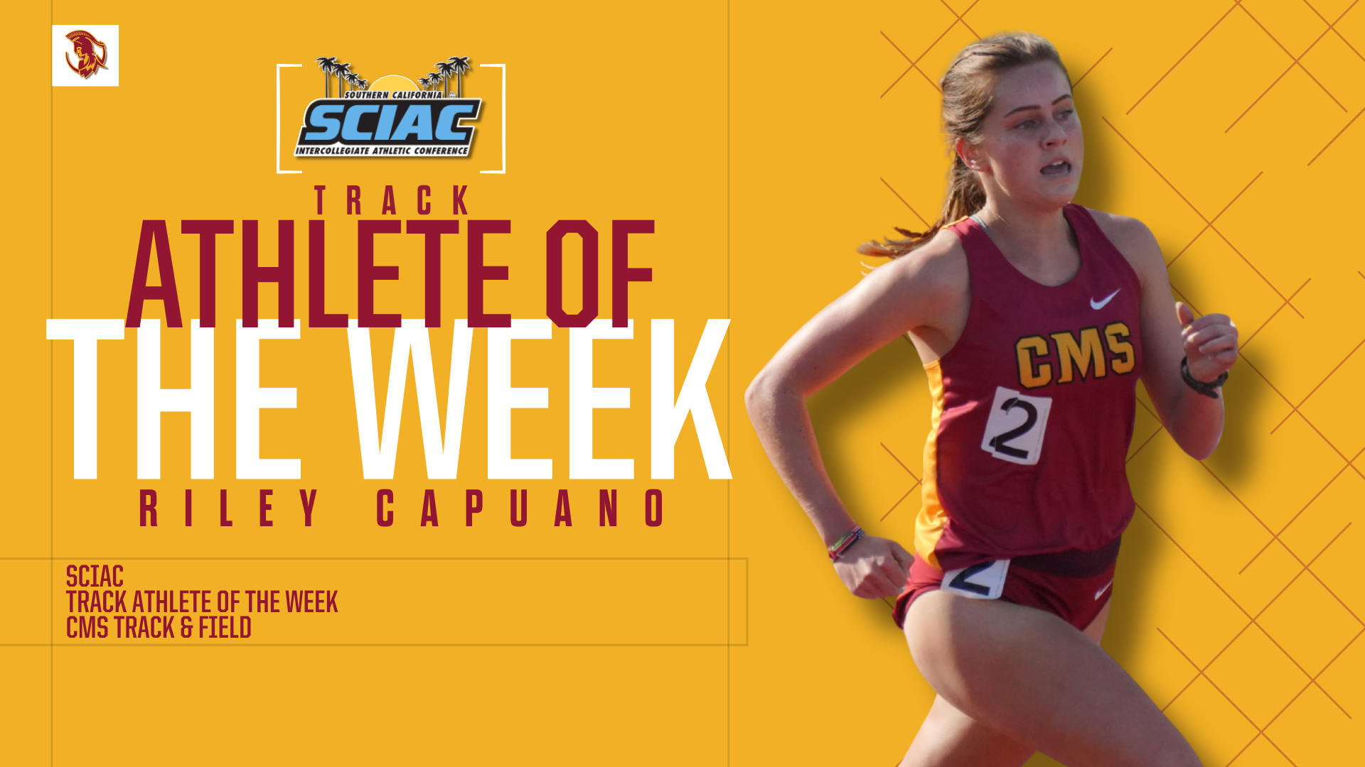 Riley Capuano action shot with the SCIAC Logo and the words 