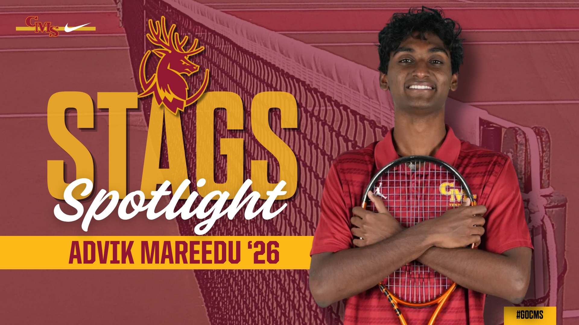 Advik Mareedu posed shot with a tennis net behind him and the words Stags Spotlight