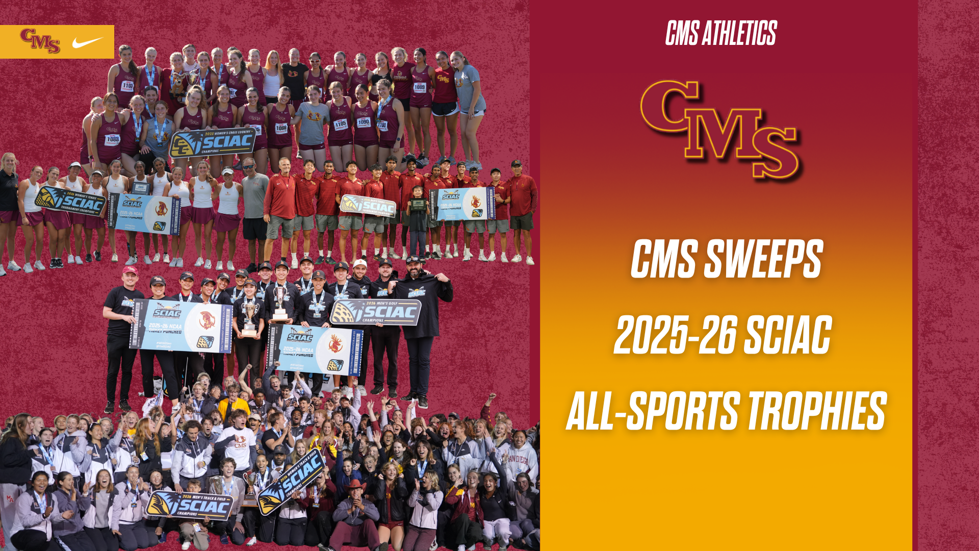 Team shots of track and field, golf, tennis and cross country after winning SCIAC titles